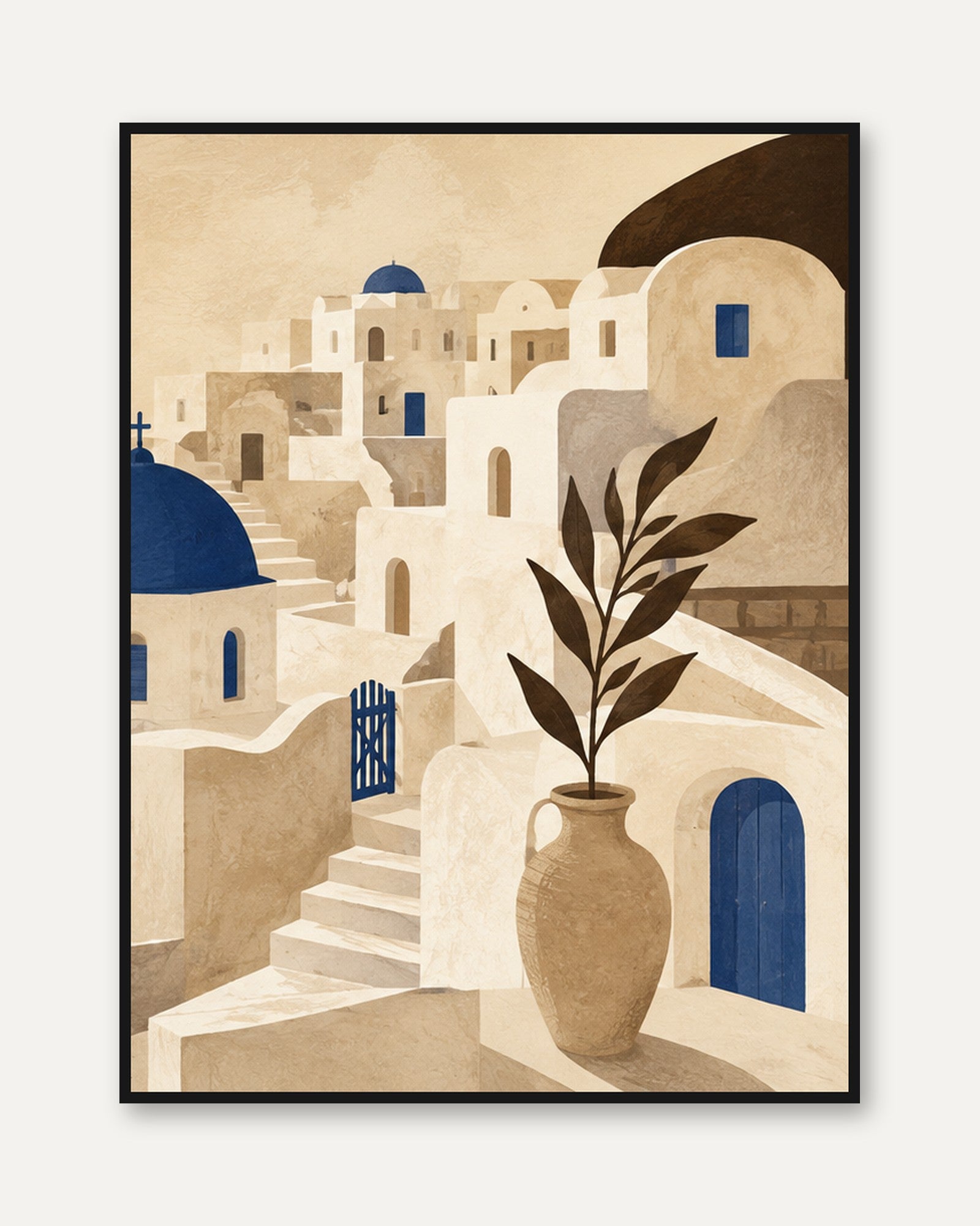 Greek Village Architecture Print: Mediterranean Beige Blue Wall Art - framed