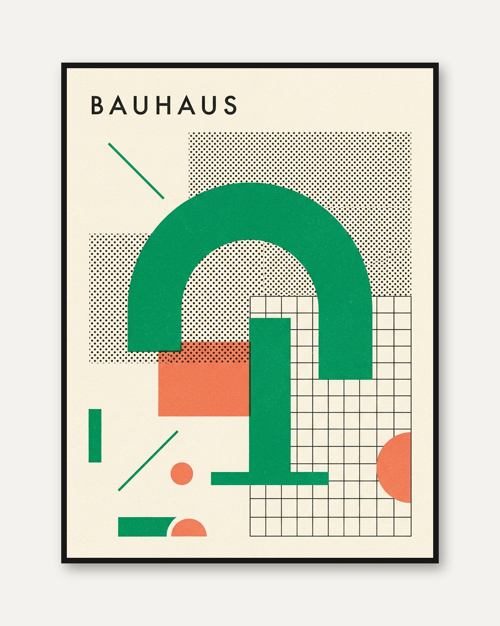 Bauhaus Geometric Arch Print: Green and Coral Modernist Design - framed