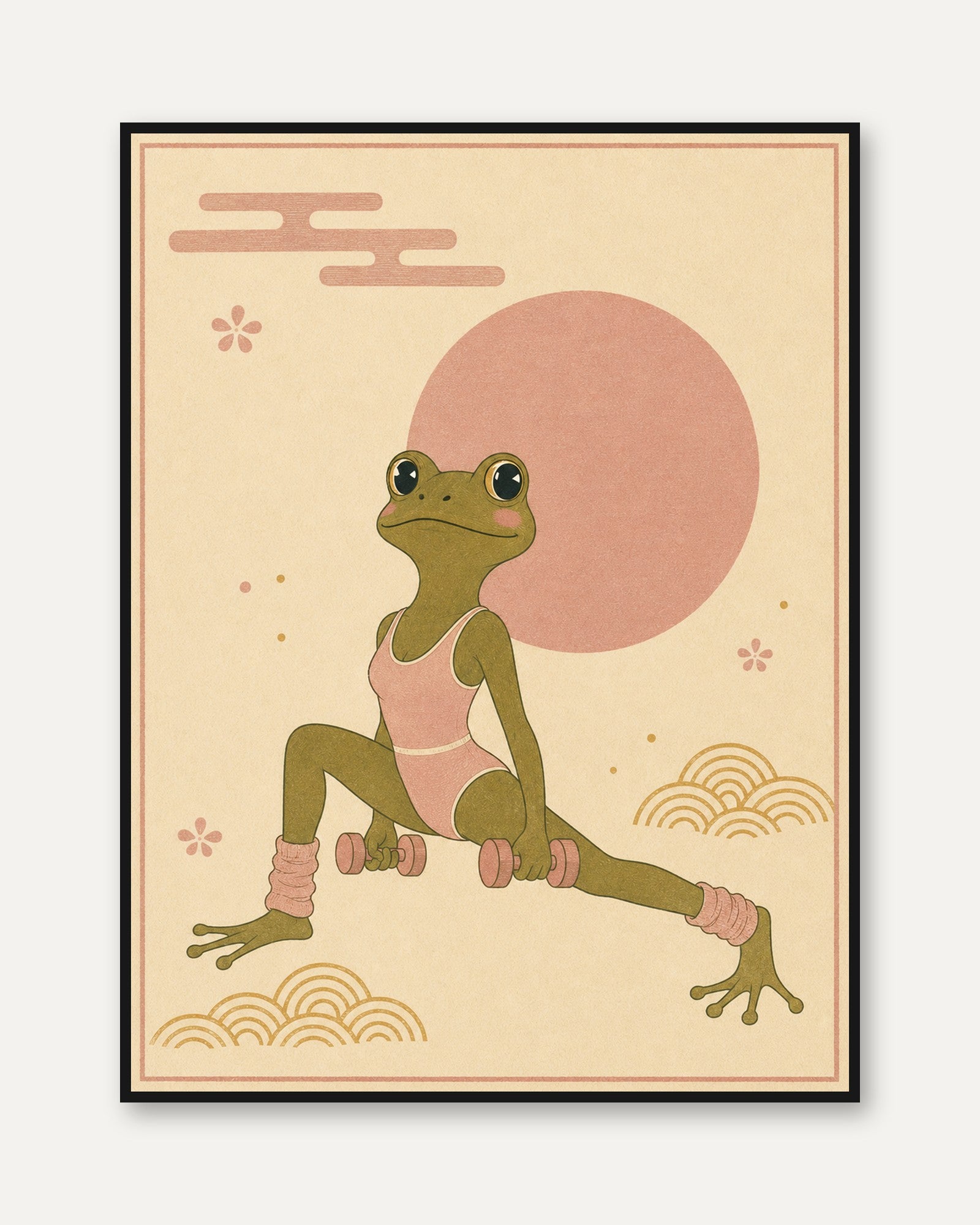 Yoga Frog Poster: Japanese Minimalist Art in Pink and Beige - framed
