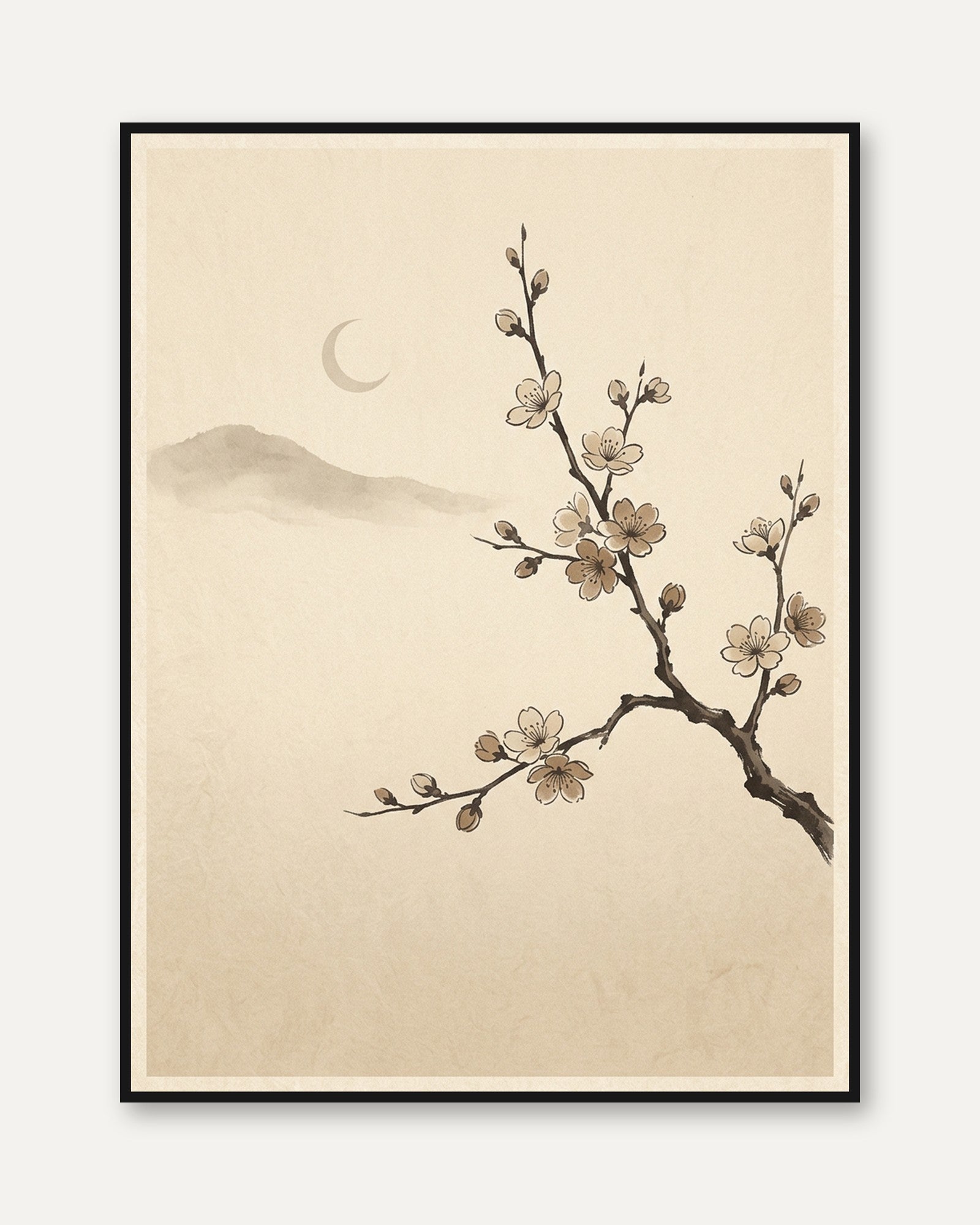 Japanese Cherry Blossom Print — Minimalist Ink Painting - framed