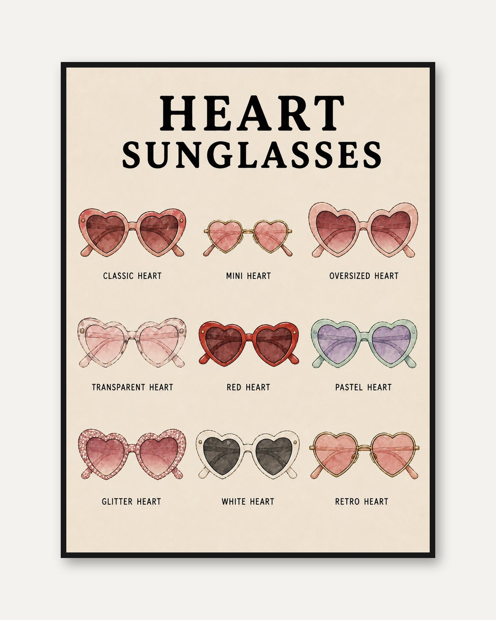 Heart Sunglasses Print — Retro Fashion Illustration - framed