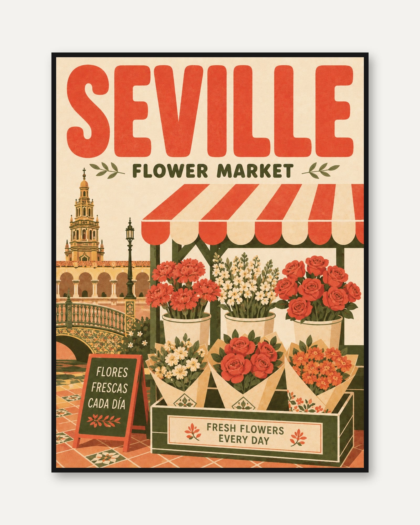 Seville Flower Market Poster: Vintage Spanish Travel Art Print - framed