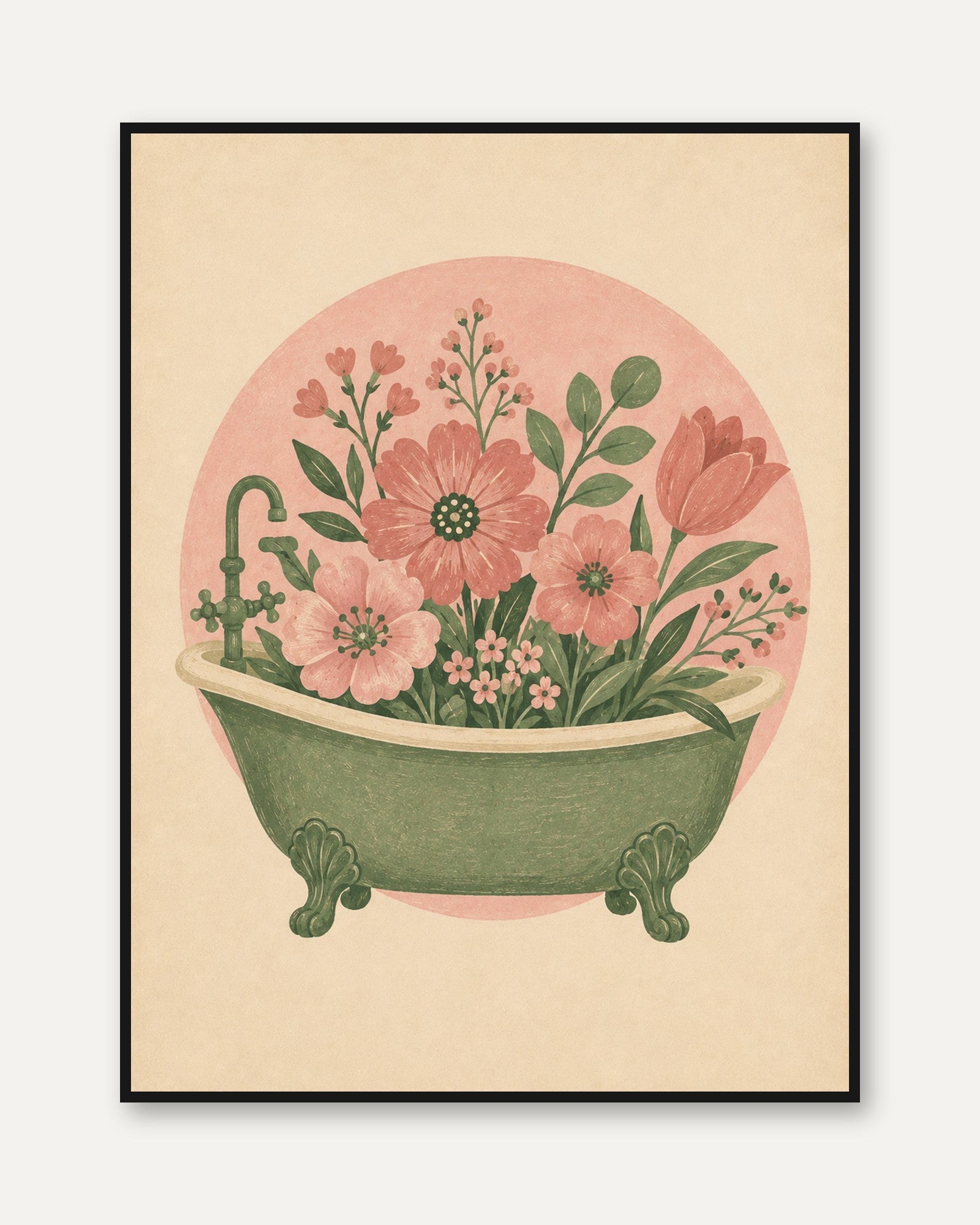 Bathtub Floral Wall Art – Vintage Bathroom Print - framed