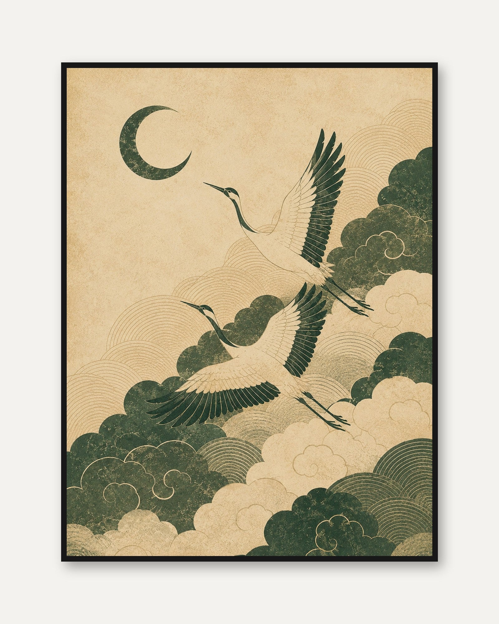 Crane Art Print: Vintage Japanese Moon and Clouds (Living Room Decor) - framed
