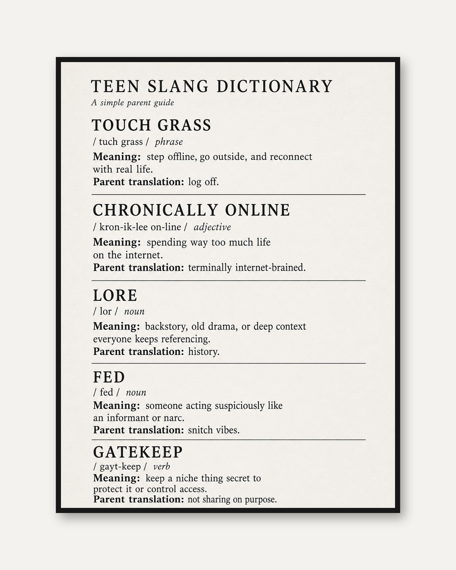 Teen Slang Dictionary Print: Minimalist Beige Typography Poster - framed