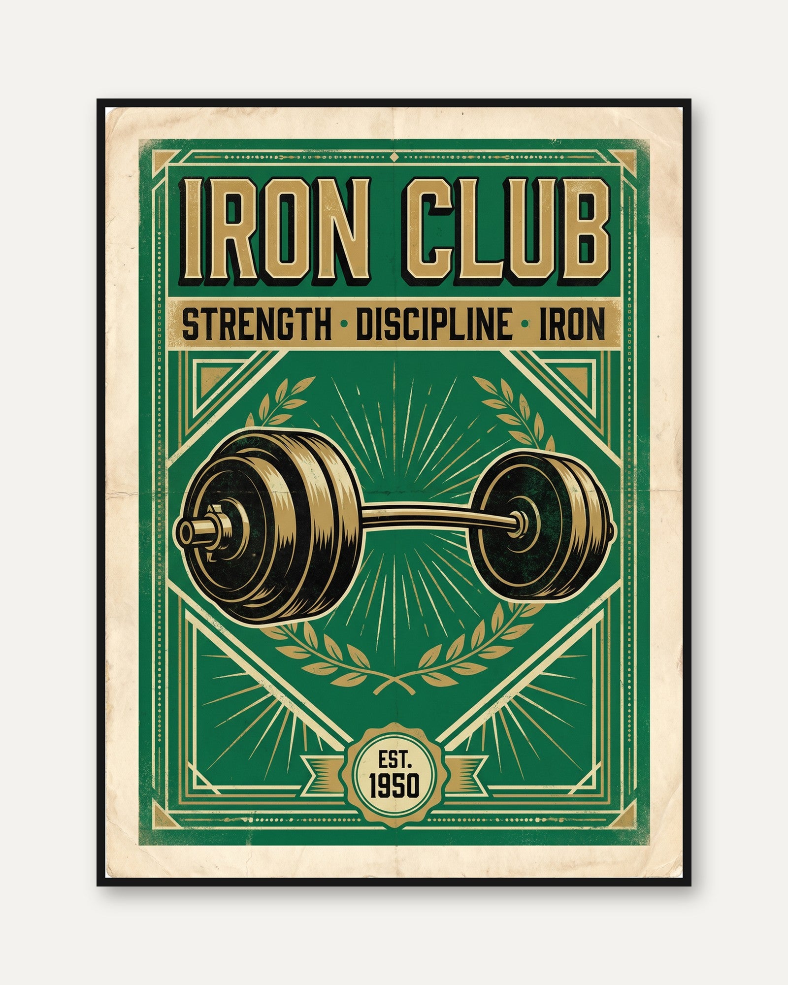 Vintage Iron Club Gym Print — Retro Weightlifting Barbell Poster - framed