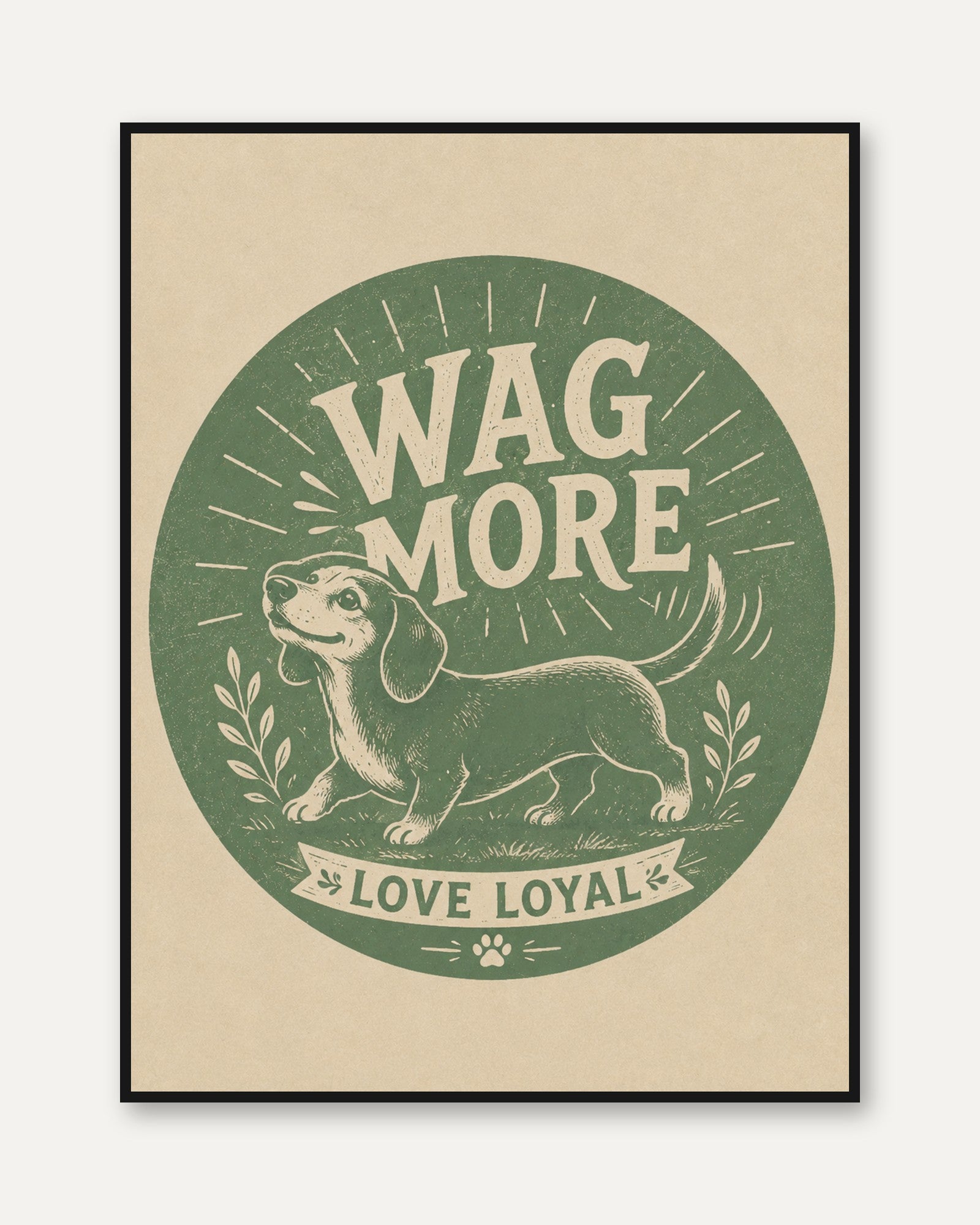 Wag More Dachshund Print: Vintage Green Dog Poster - framed