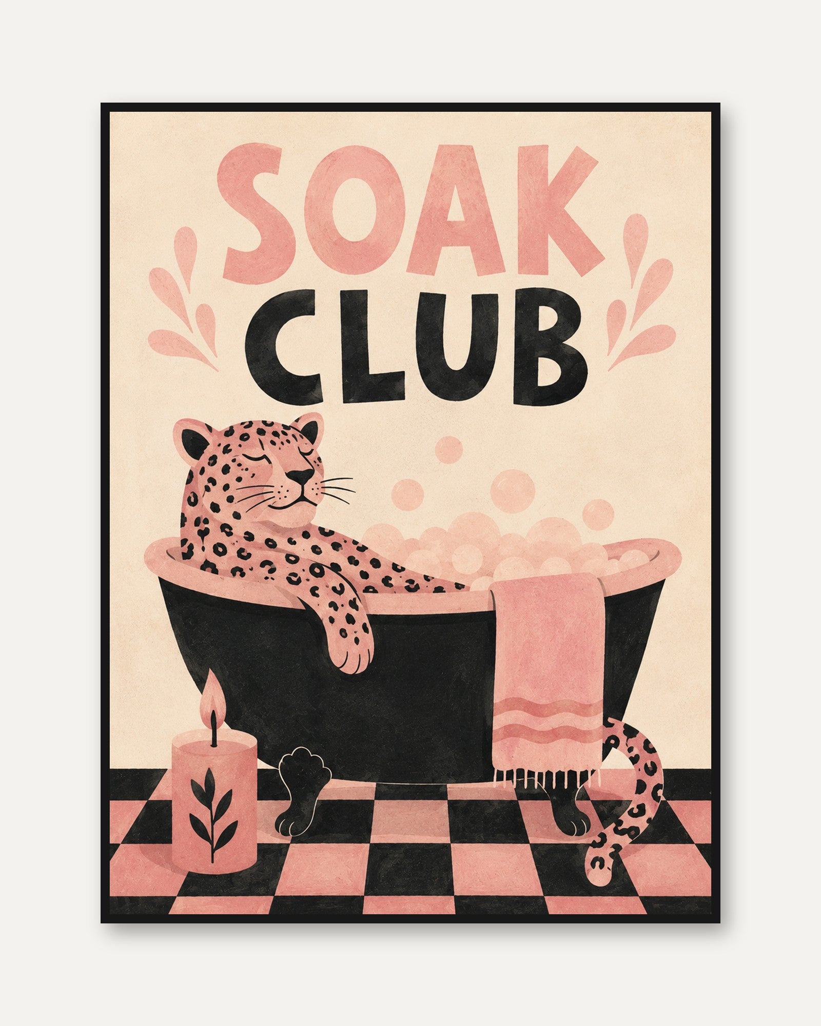 Soak Club Leopard Bath Print: Retro Pink and Black Bathroom Art - framed