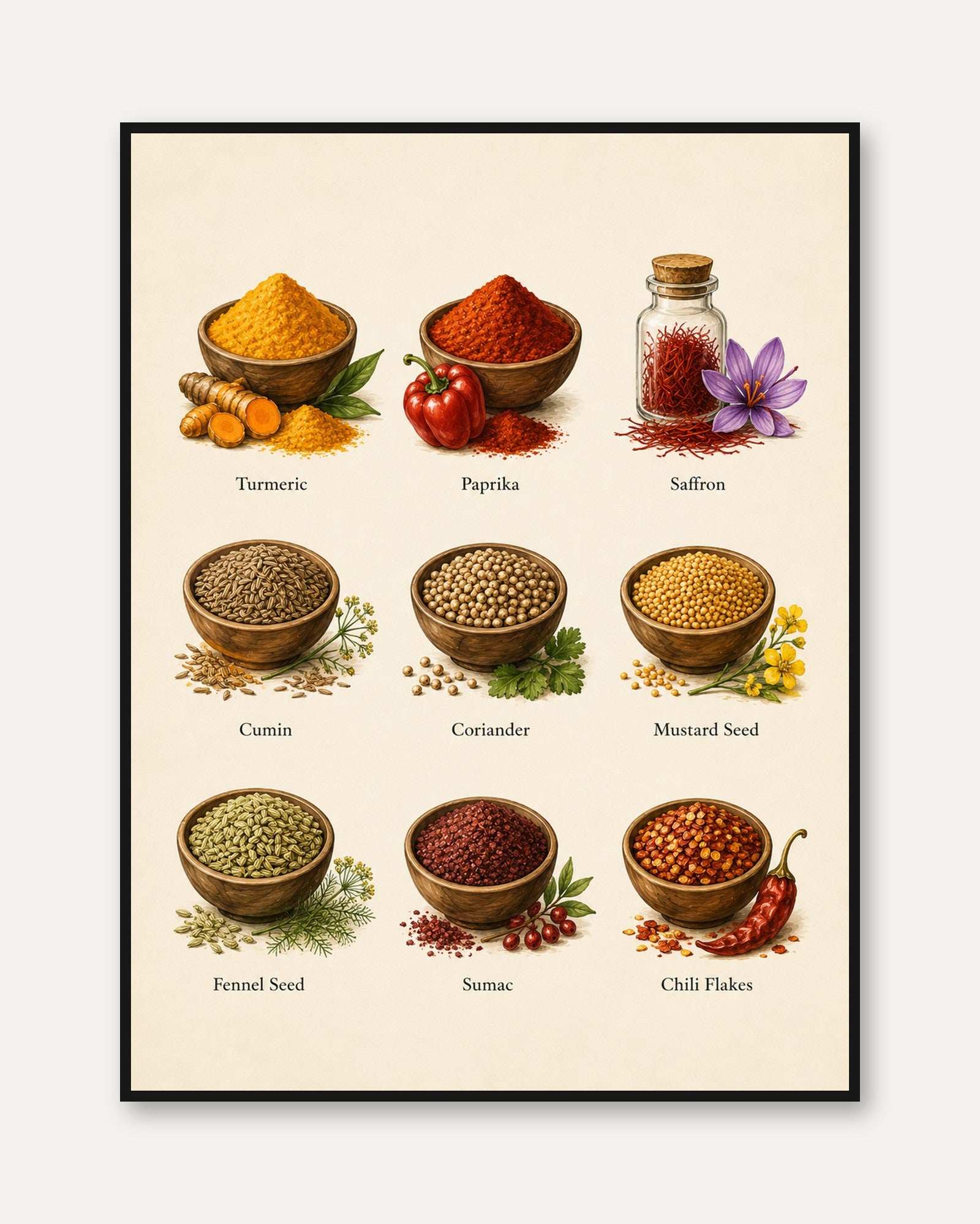 Spice Chart Kitchen Print – Herb Cooking Poster - framed