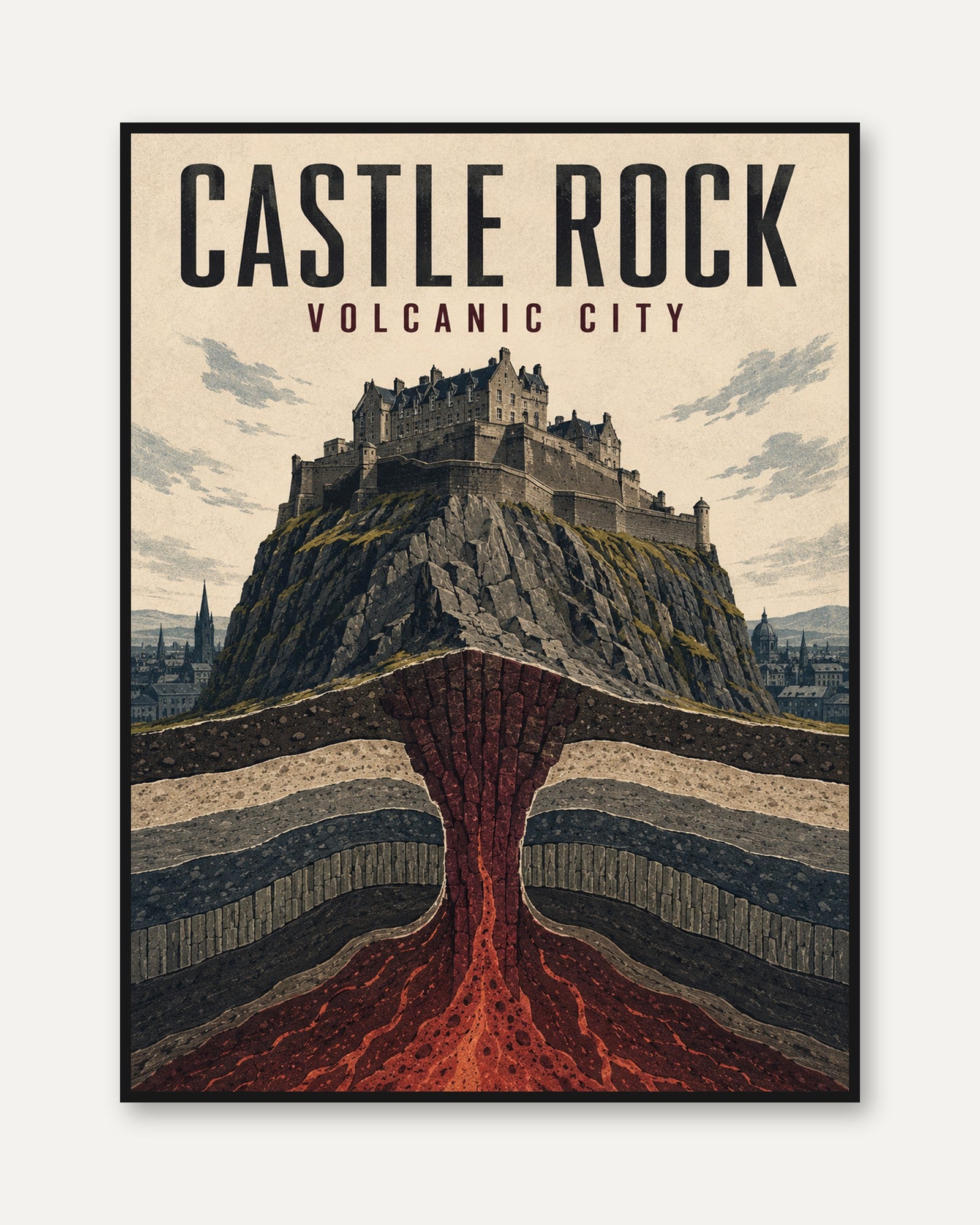 Vintage Travel Poster – Castle Rock Volcanic City - framed
