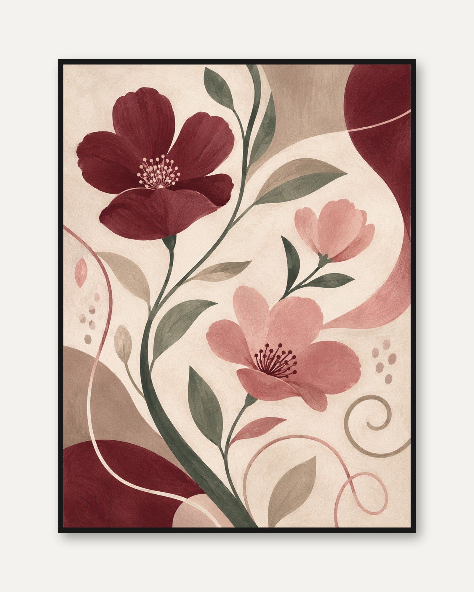 Art Nouveau Floral Wall Art: Burgundy and Pink Botanical Design - framed