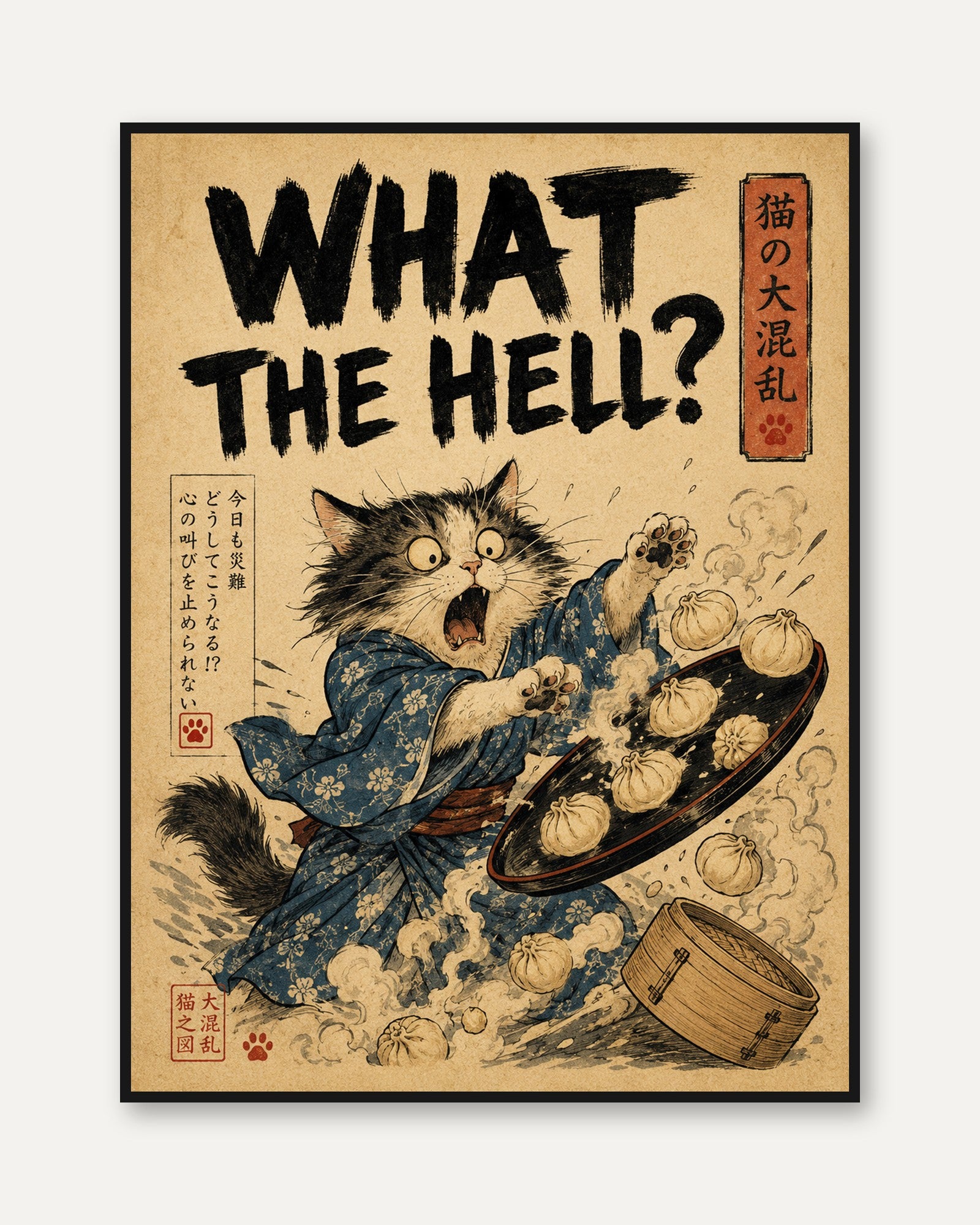 Japanese Cat Ukiyo-e Print: What The Hell Meme Wall Art - framed