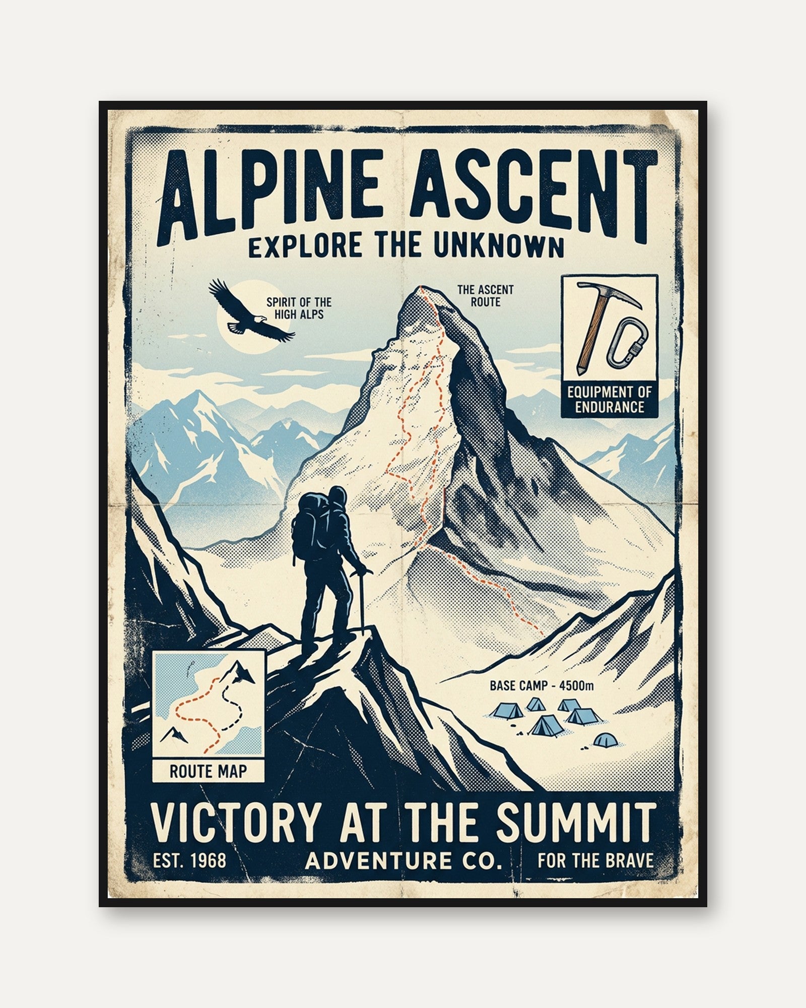 Vintage Alpine Climbing Poster — Retro Mountain Adventure Print - framed