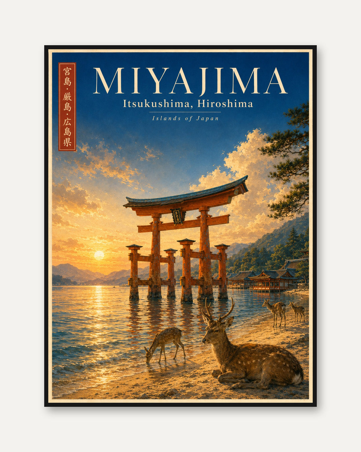Miyajima Torii Gate Poster: Japanese Sunset with Deer Art Print - framed