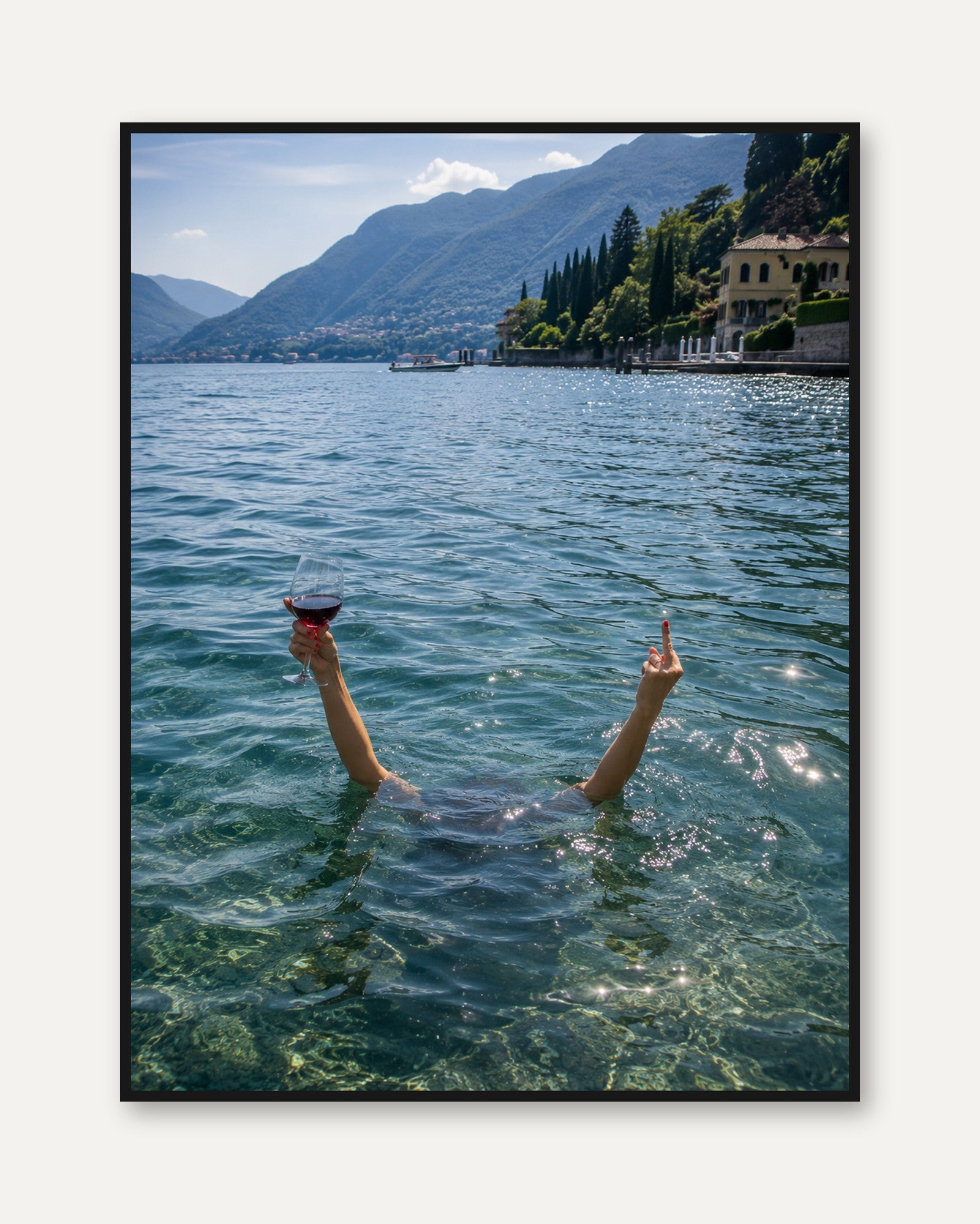 Italian Lake Swimming Art Print: Wine Glass Summer Lifestyle - framed