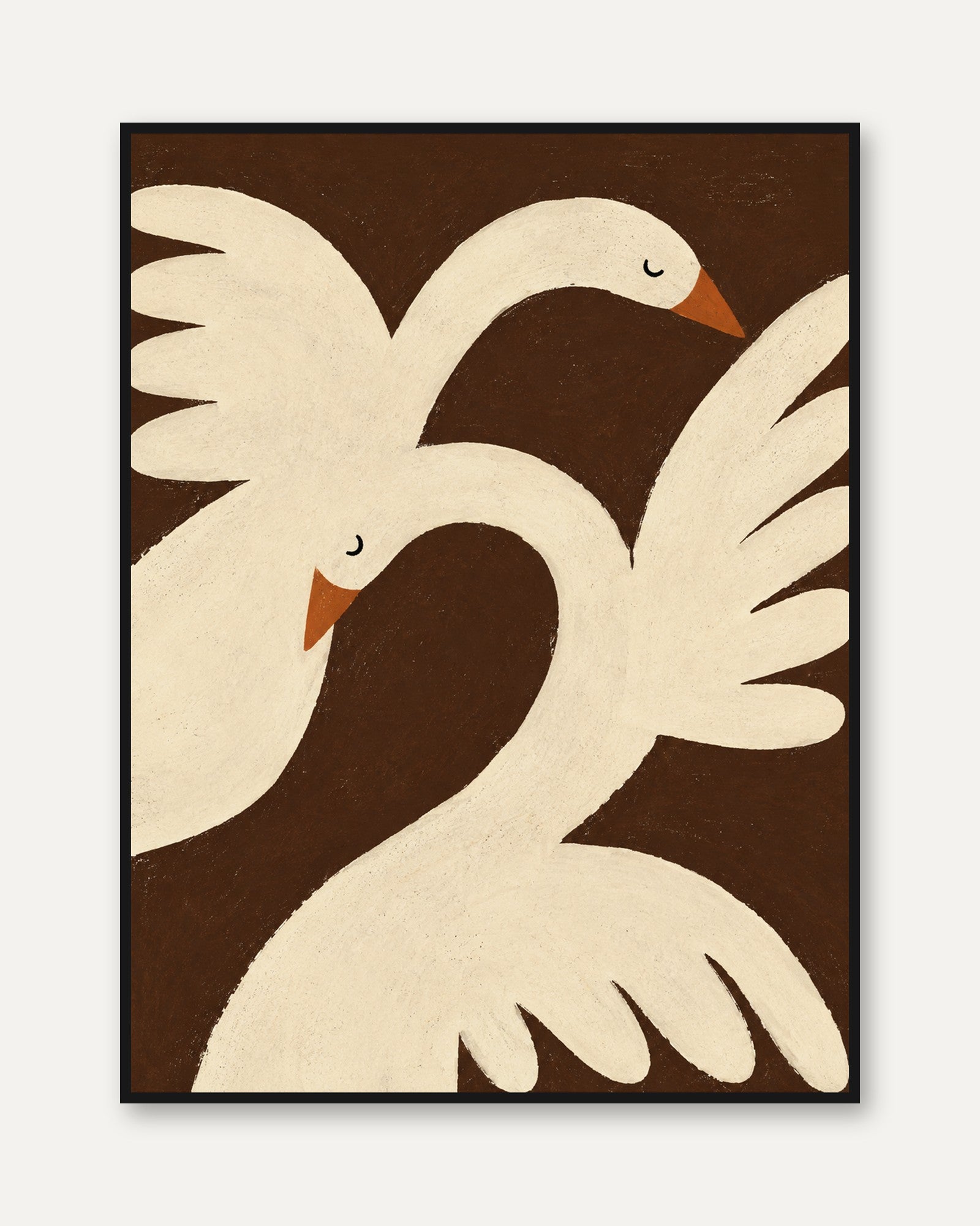 Geometric Swans Art Print: Minimalist Brown and Cream Birds - framed