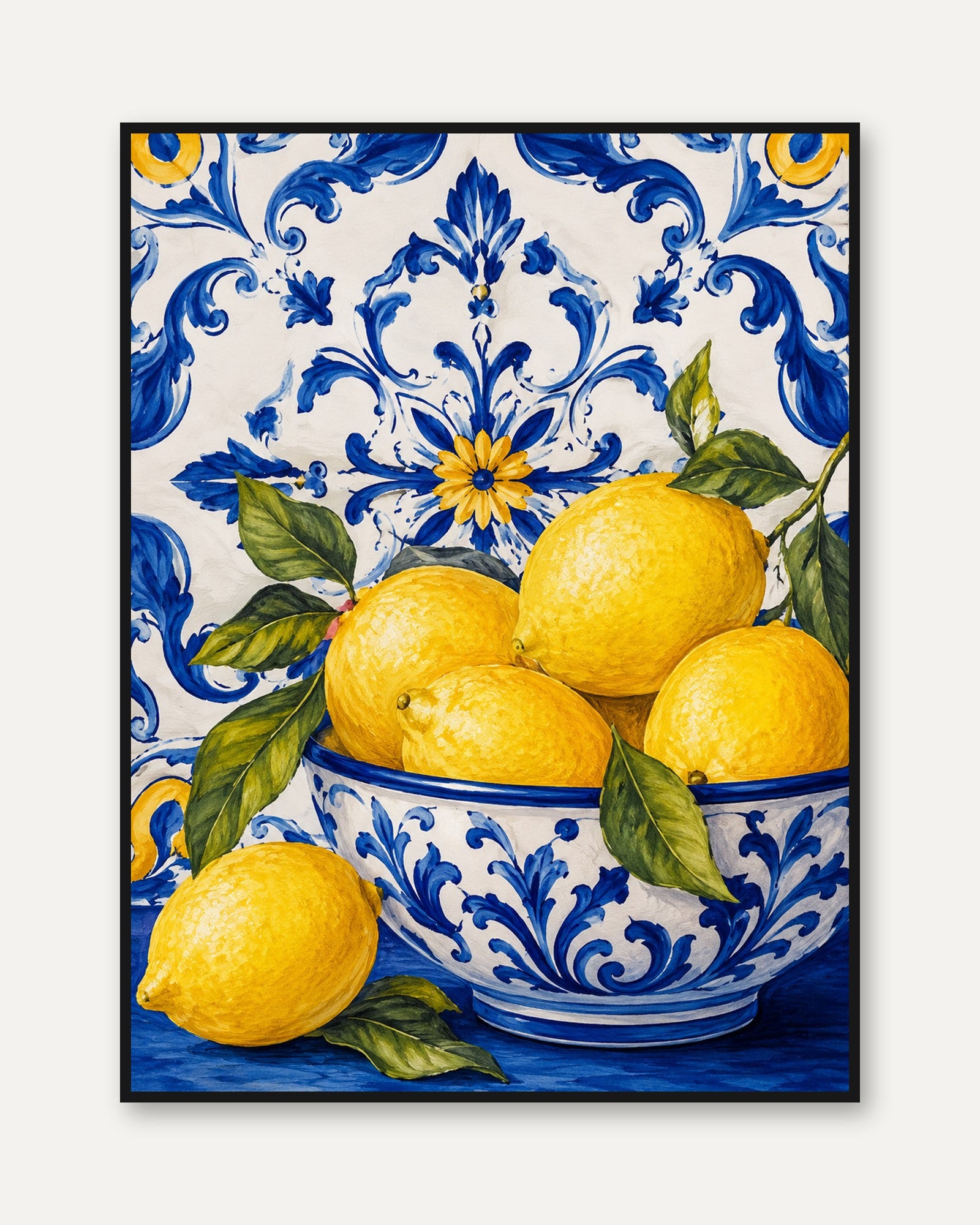 Mediterranean Lemons Art Print: Blue Majolica Tile Pattern - framed
