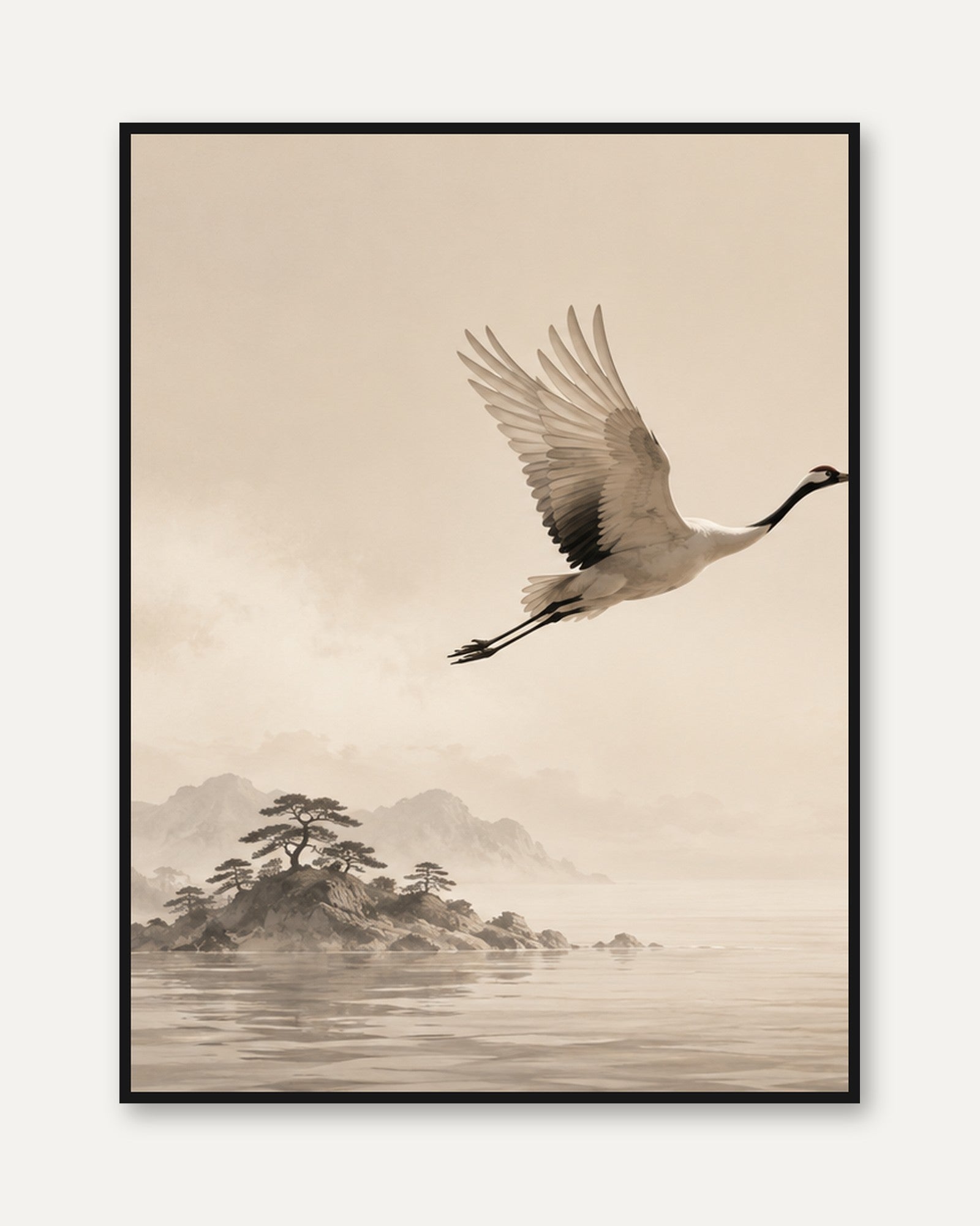 Flying Crane Wall Art: Misty Landscape in Sepia Tones - framed