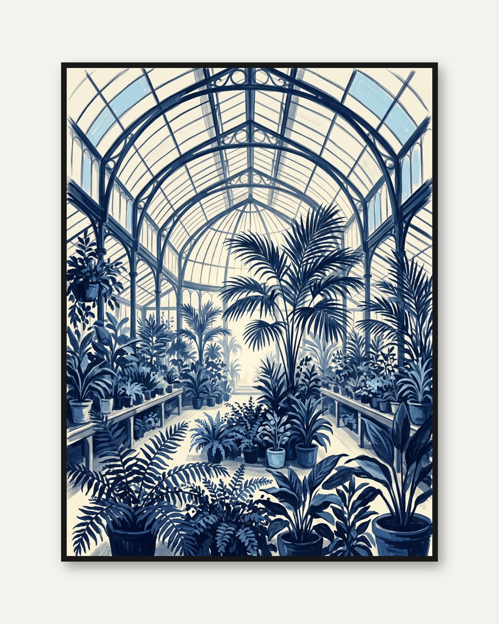 Victorian Conservatory Art Print: Blue Botanical Garden Interior - framed