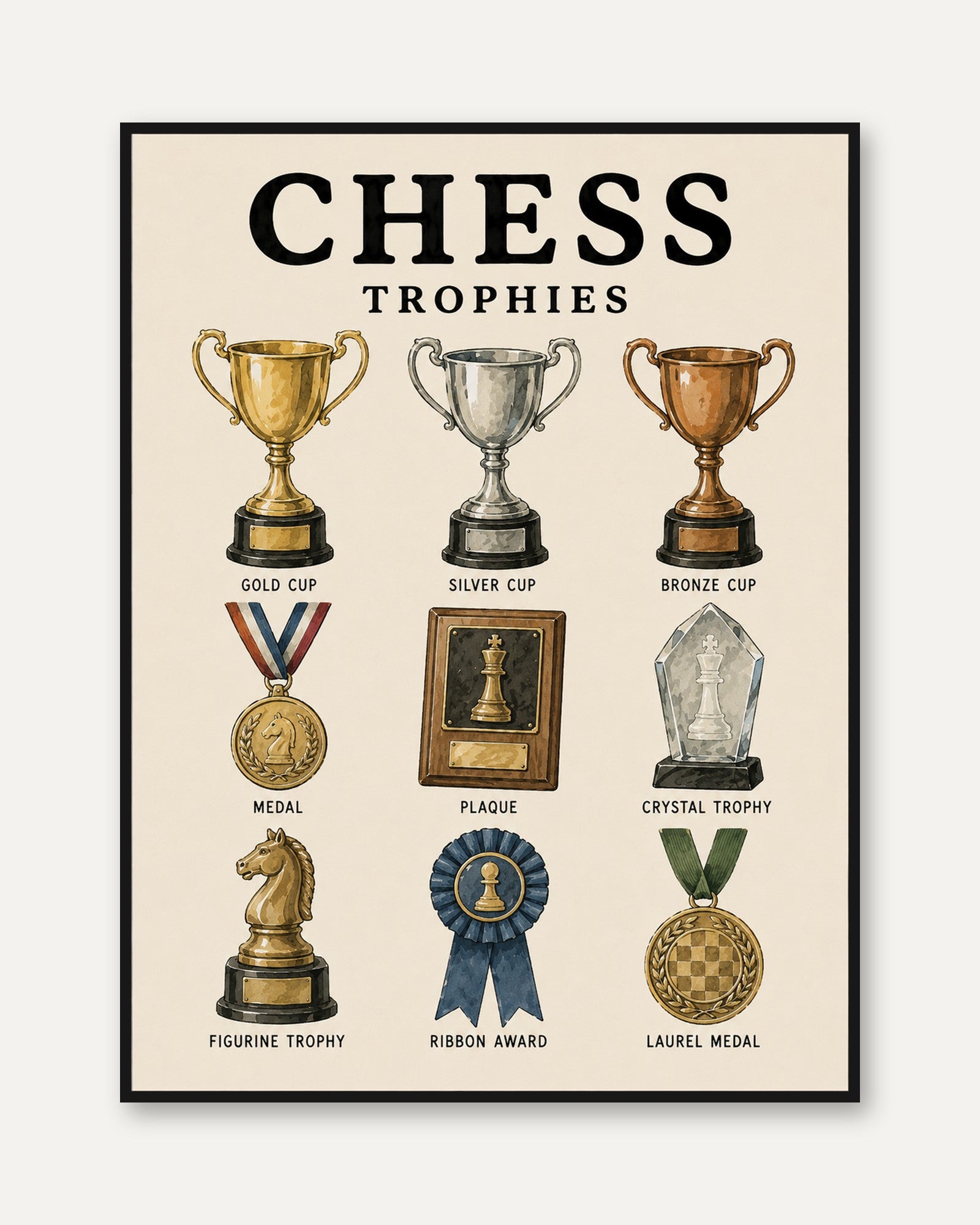 Chess Trophies Educational Poster — Vintage Illustrated Guide - framed