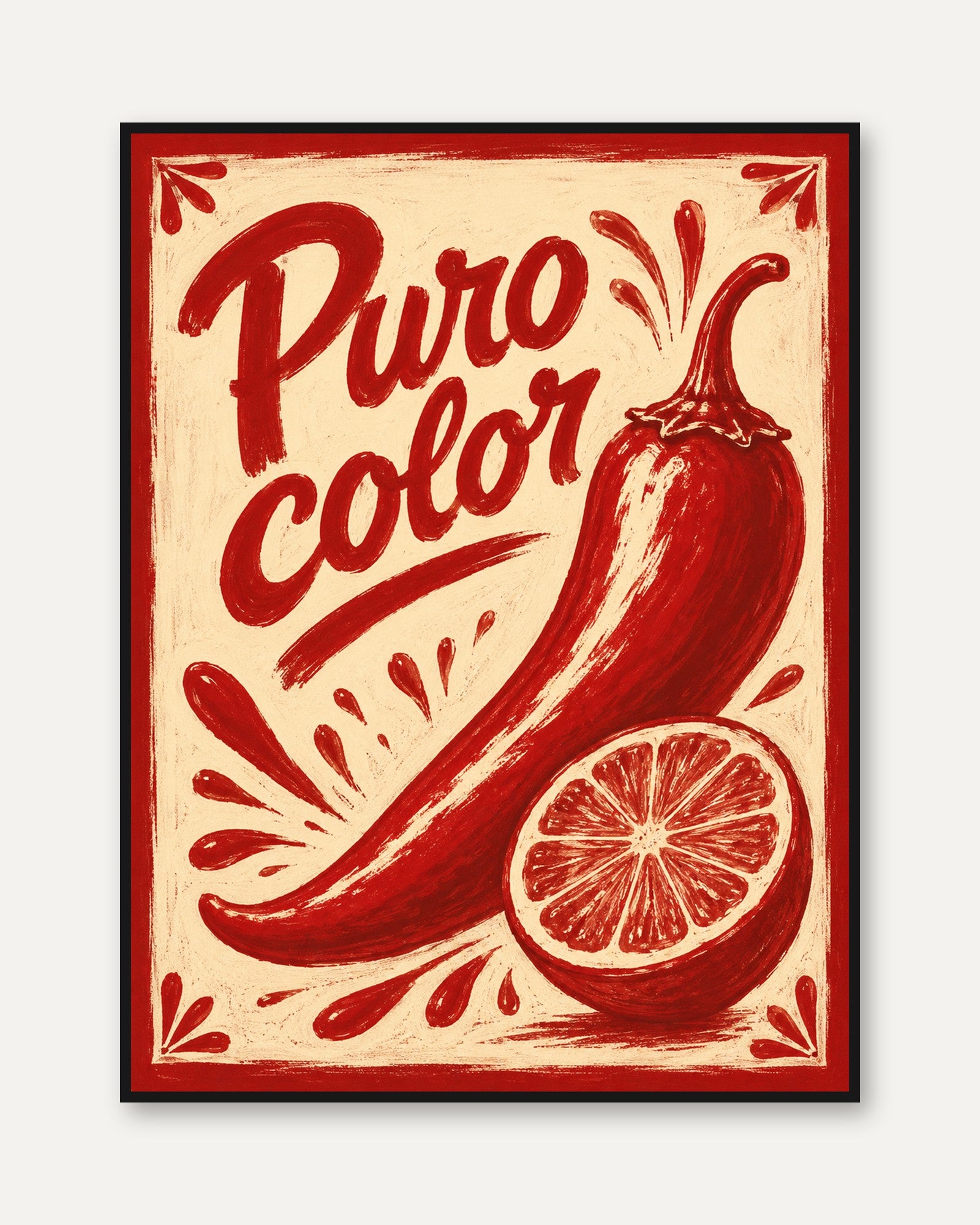 Puro Color Chili Pepper Print: Retro Red Kitchen Wall Art - framed