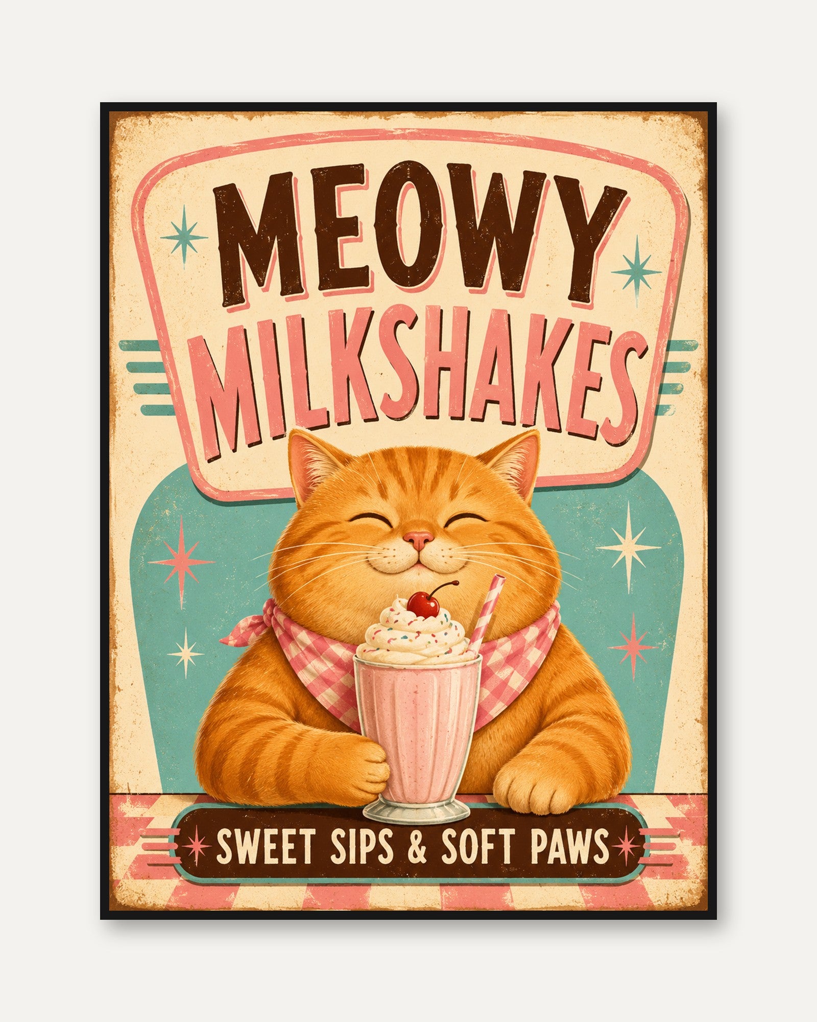 Cat Milkshake Poster – Retro Kitchen Wall Art - framed