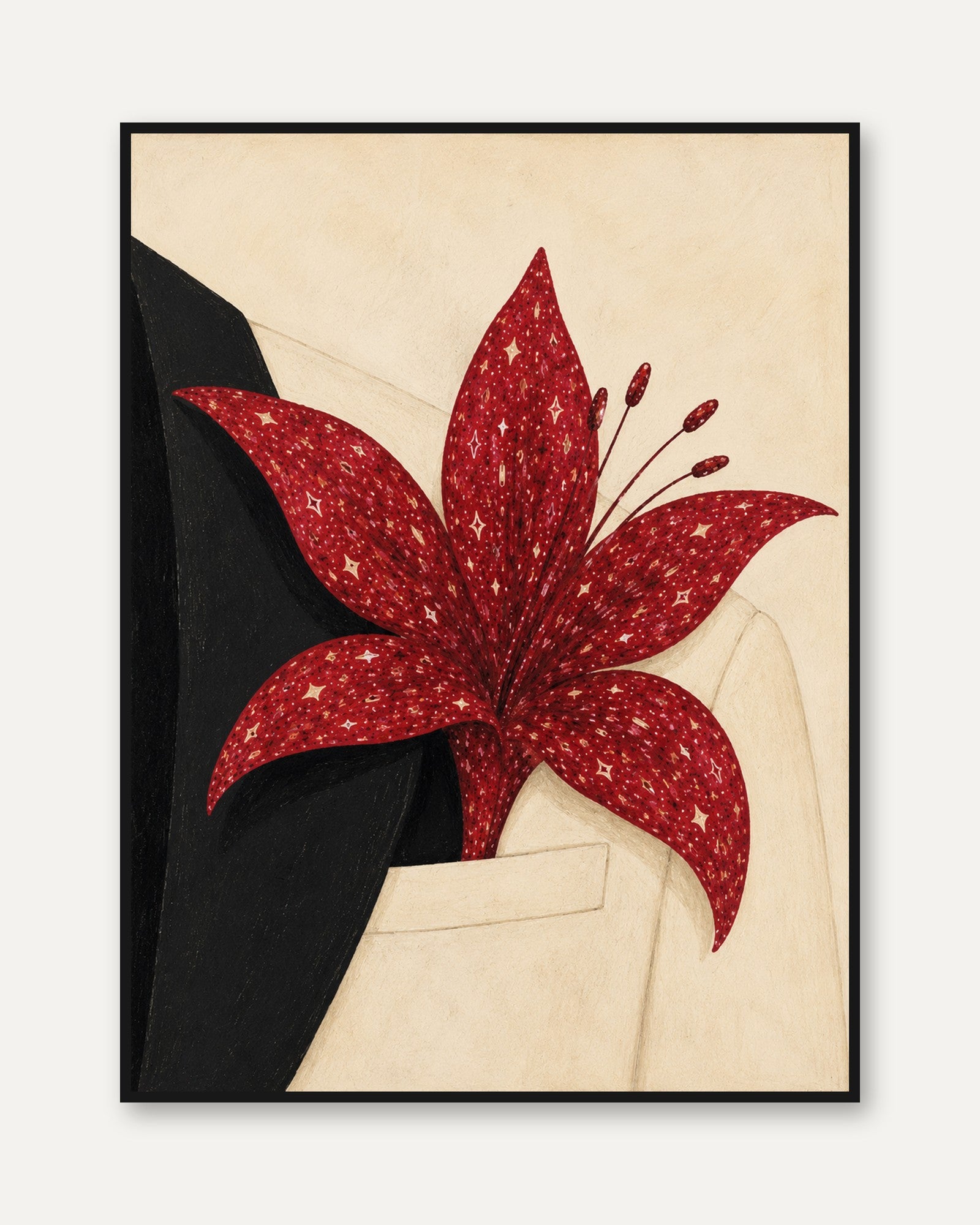 Red Lily Flower Art Print: Geometric Botanical Design - framed