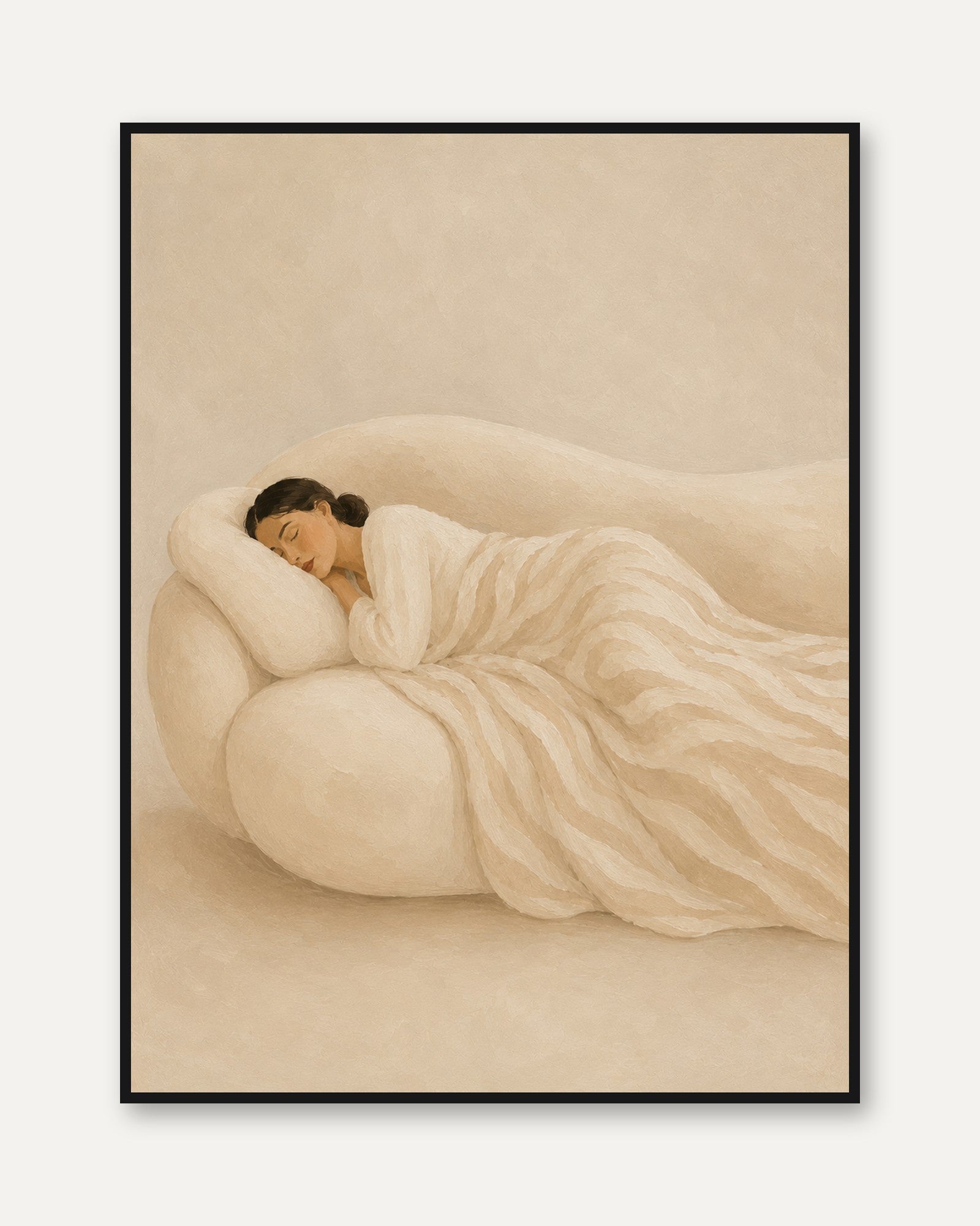 Sleeping Woman Art Print: Soft Beige Minimalist Contemporary - framed