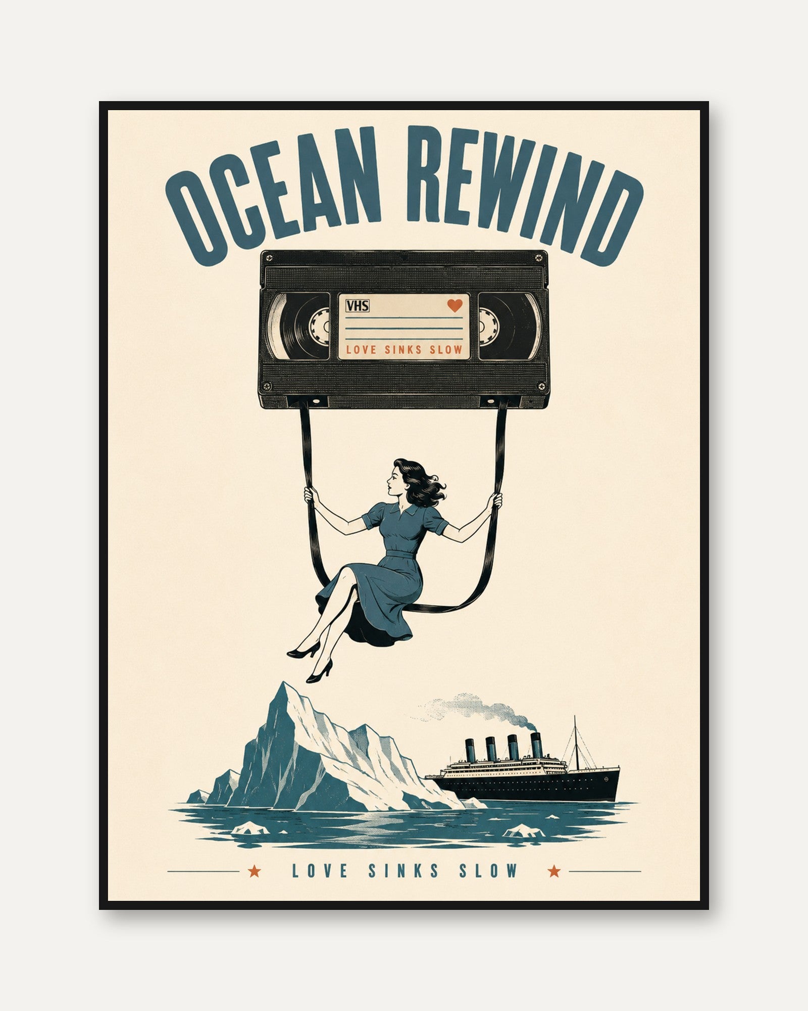 Ocean Rewind Retro Cassette Art Print: Vintage Nostalgia Design - framed