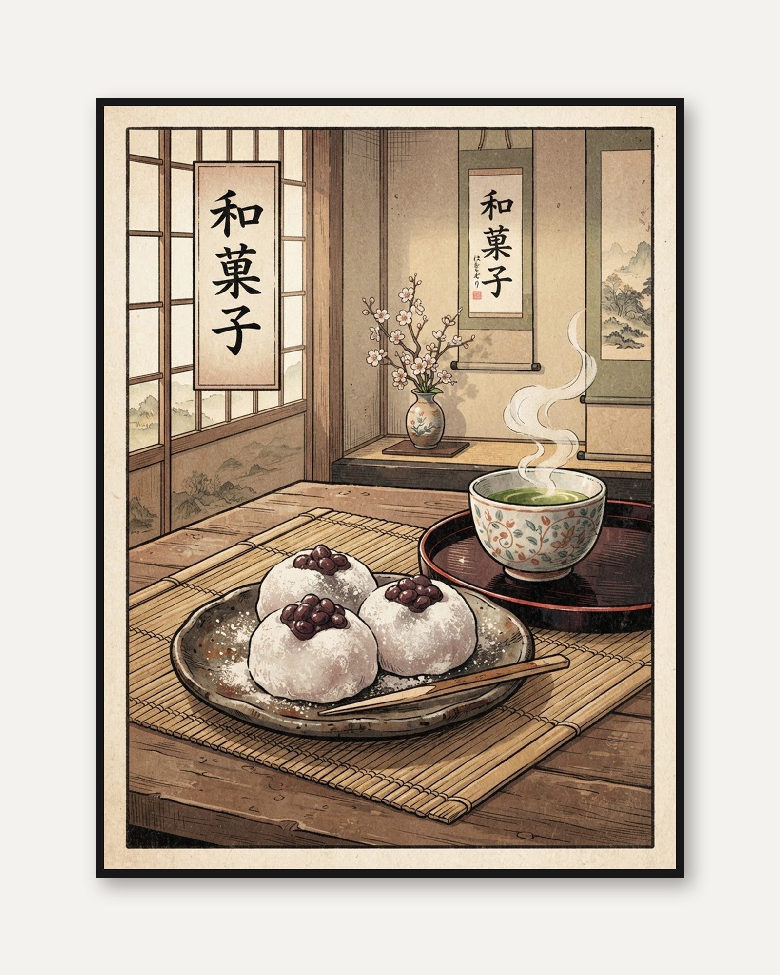 Japanese Tea Room Art – Traditional Wagashi Print - framed