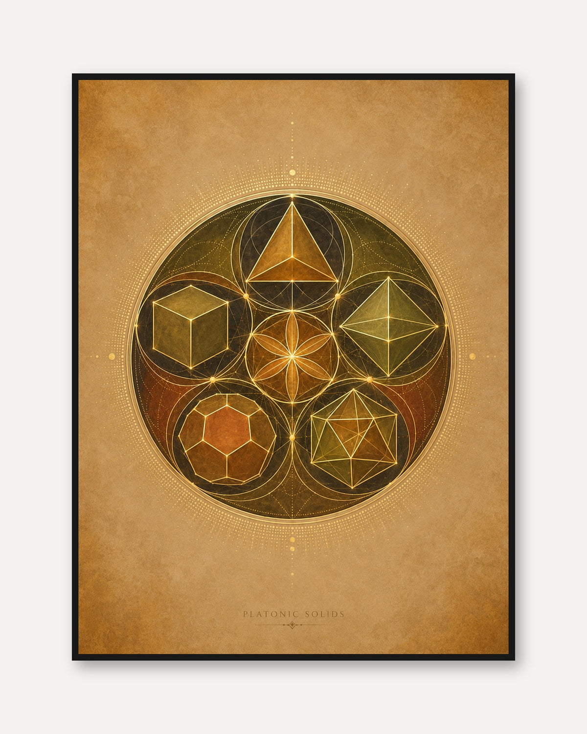 Platonic Solids Art Print: Golden Sacred Geometry Wall Decor - framed