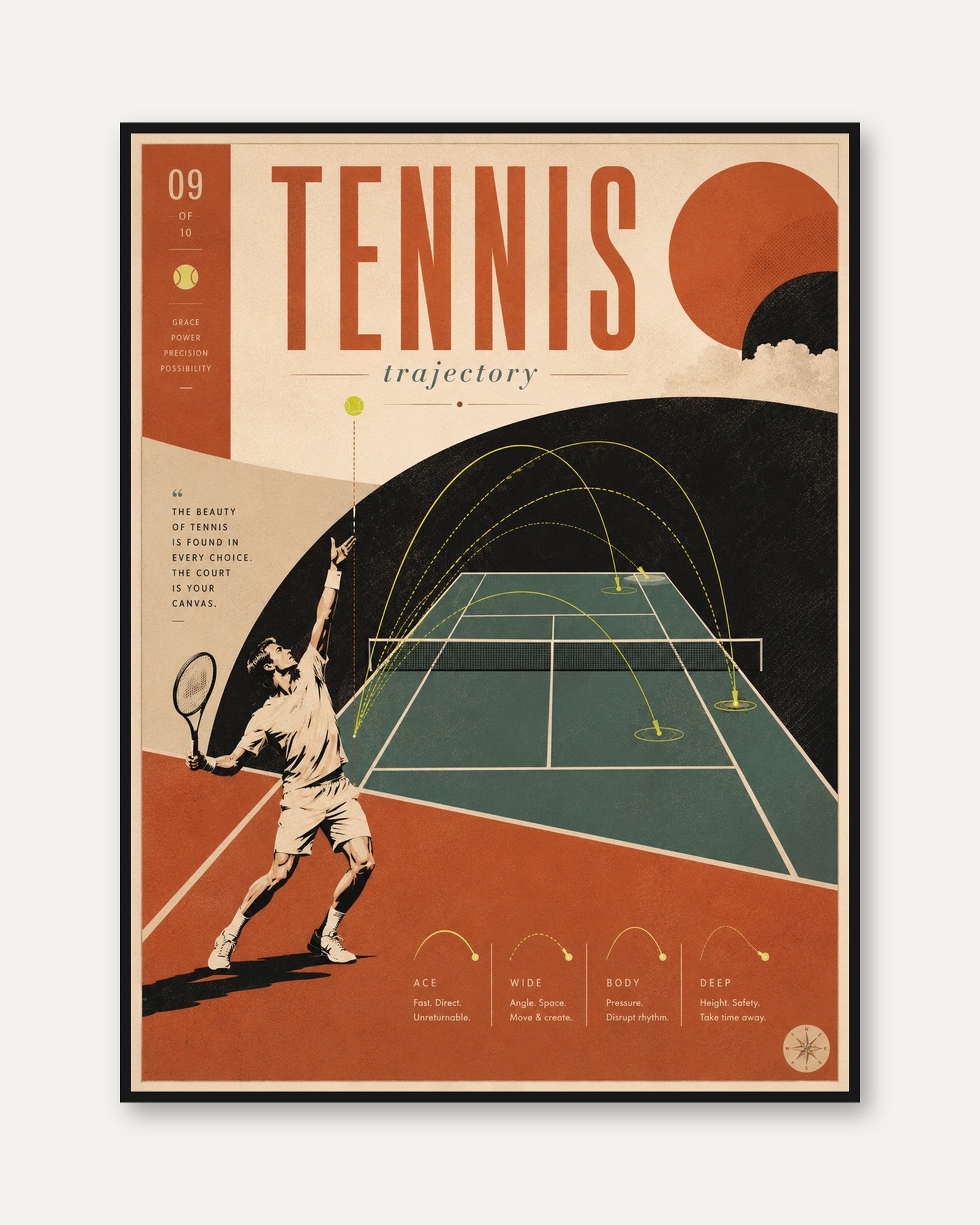 Tennis Poster Print: Retro Game Room Art (Vintage Infographic Design) - framed