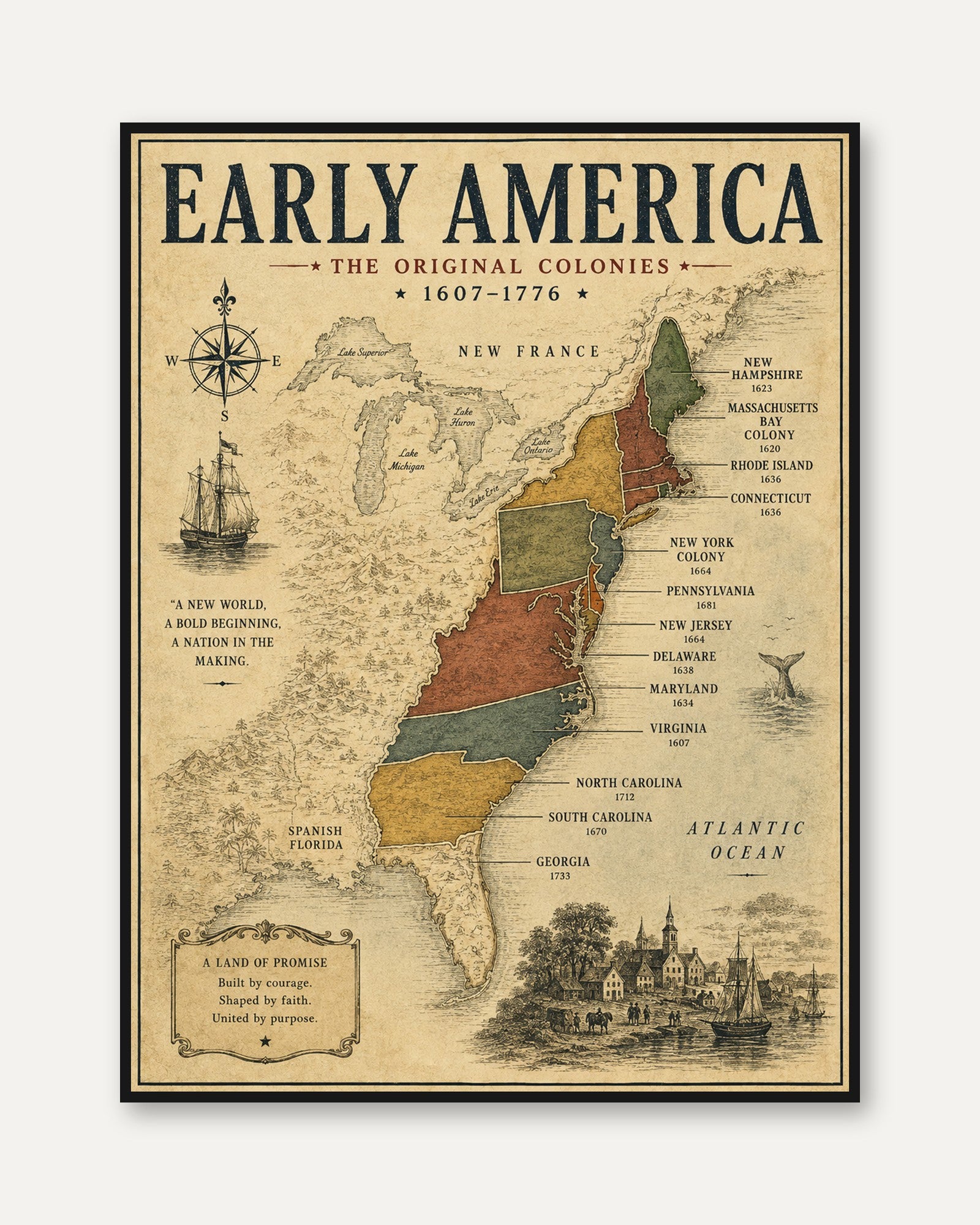 Colonial America Map Poster - framed