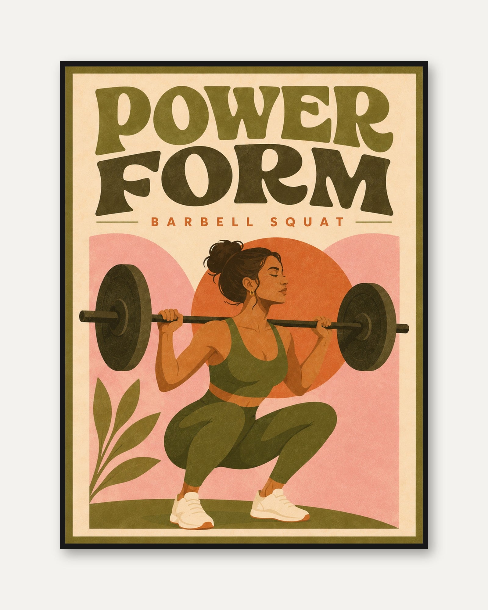 Power Form Barbell Squat Poster: Retro Fitness Wall Art - framed