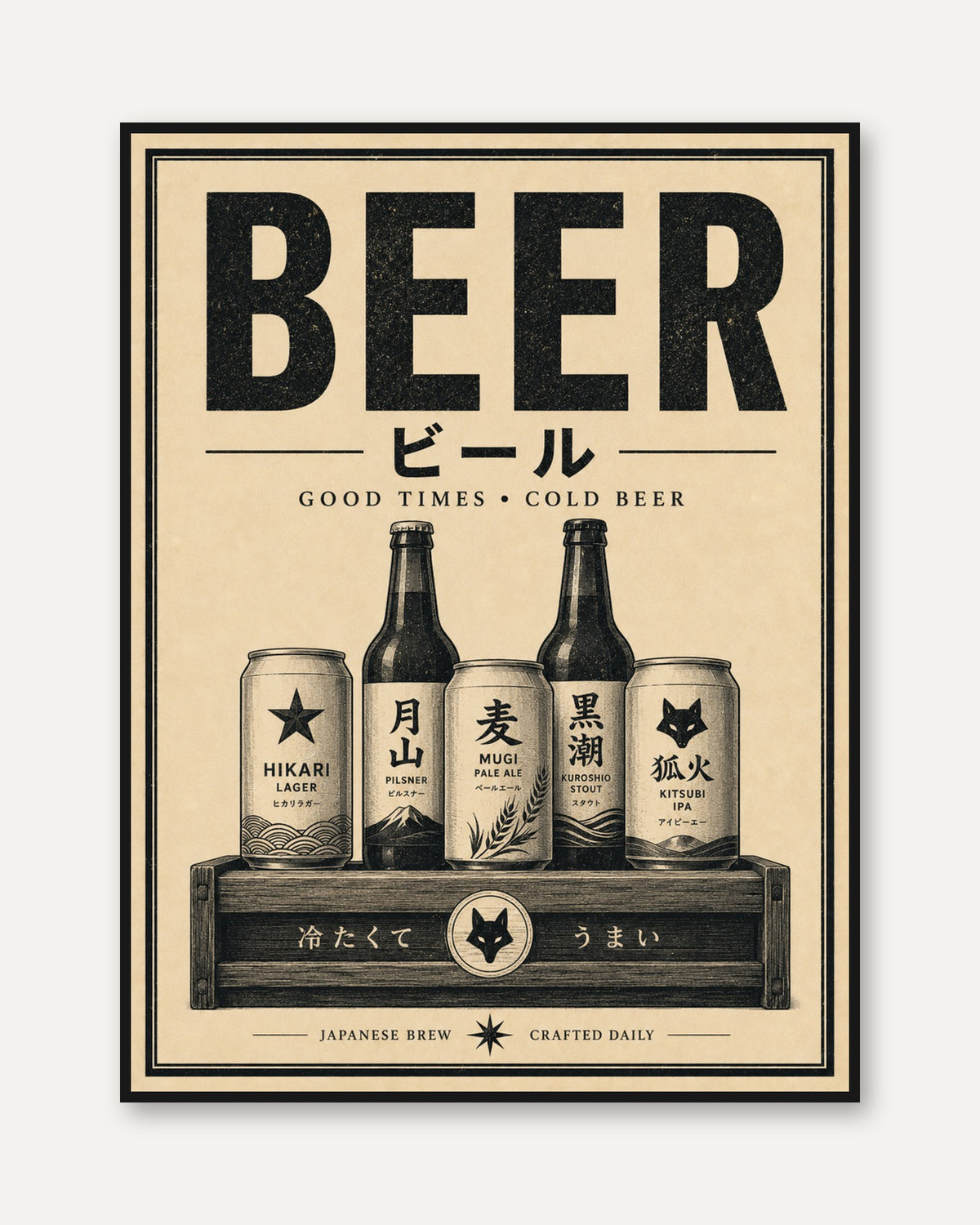 Japanese Beer Poster: Vintage Brewery Art for Kitchen or Bar - framed