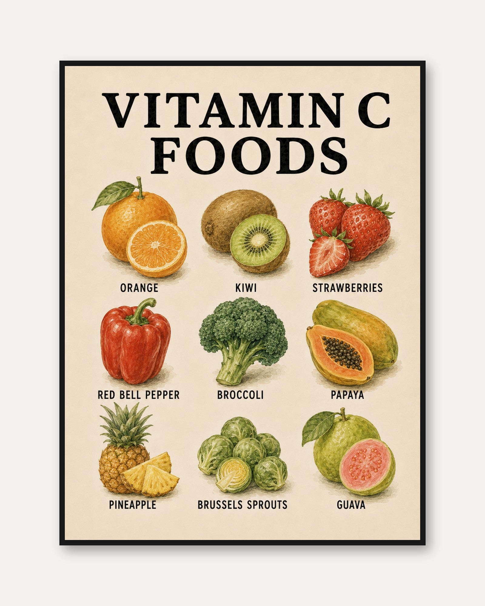 Vitamin C Foods Poster – Kitchen Wall Art - framed