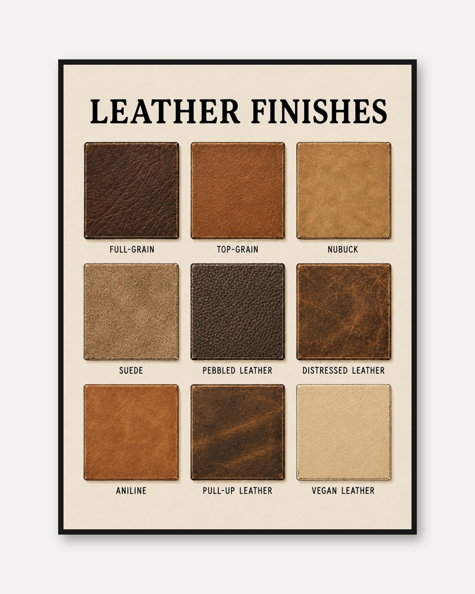 Leather Finishes Reference Chart: Vintage Educational Poster - framed