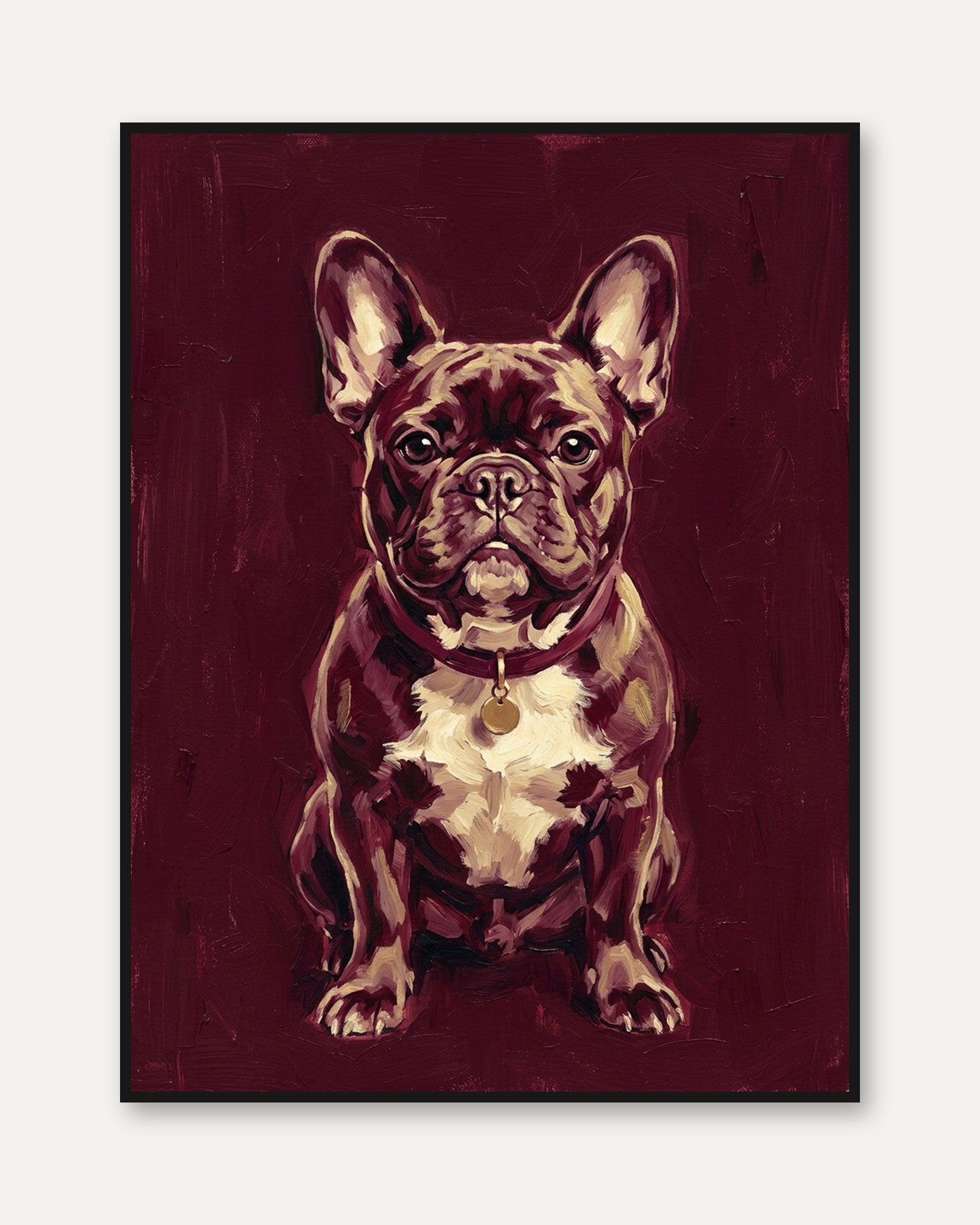 French Bulldog Portrait Art Print: Burgundy Dog Wall Art - framed