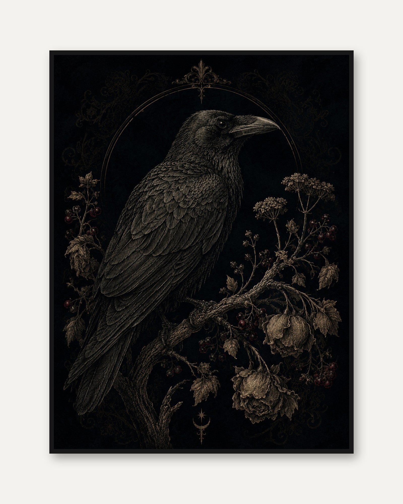 Raven Wall Art – Gothic Bird Print - framed