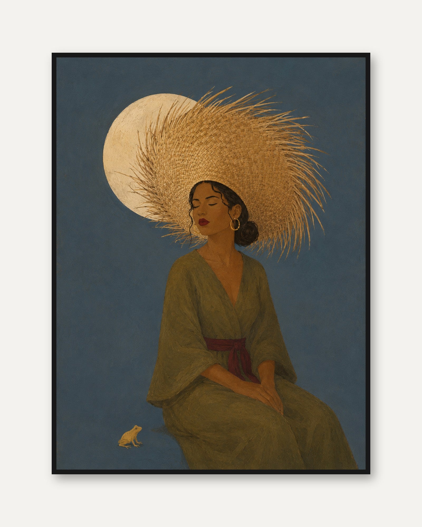 Woman with Straw Hat Folk Art Portrait Print - framed