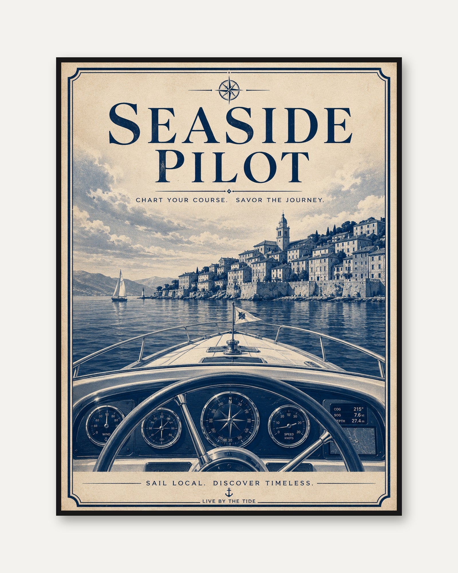 Seaside Pilot Poster: Vintage Nautical Mediterranean Coast Art - framed