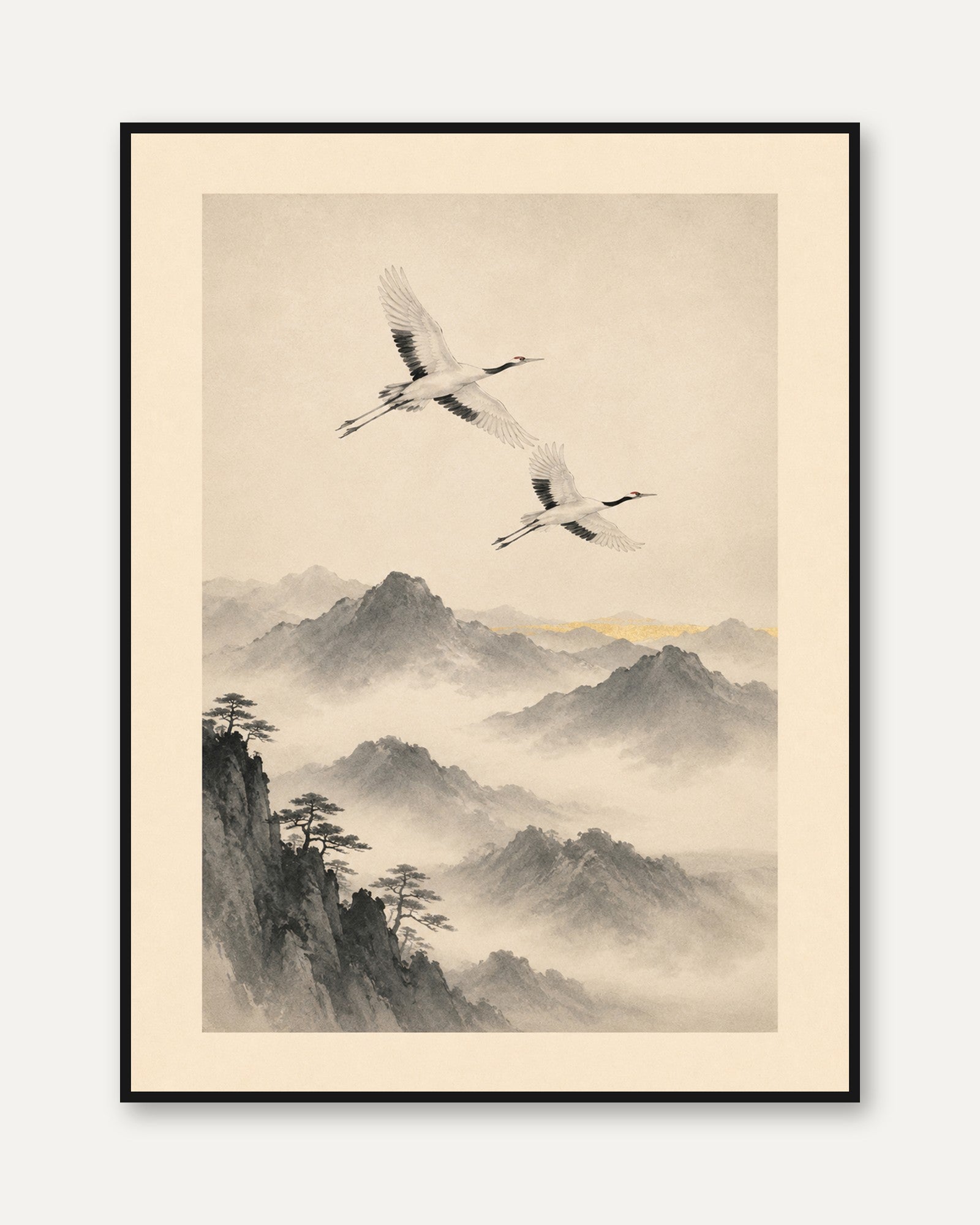 Japanese Crane Wall Art – Asian Landscape Print - framed