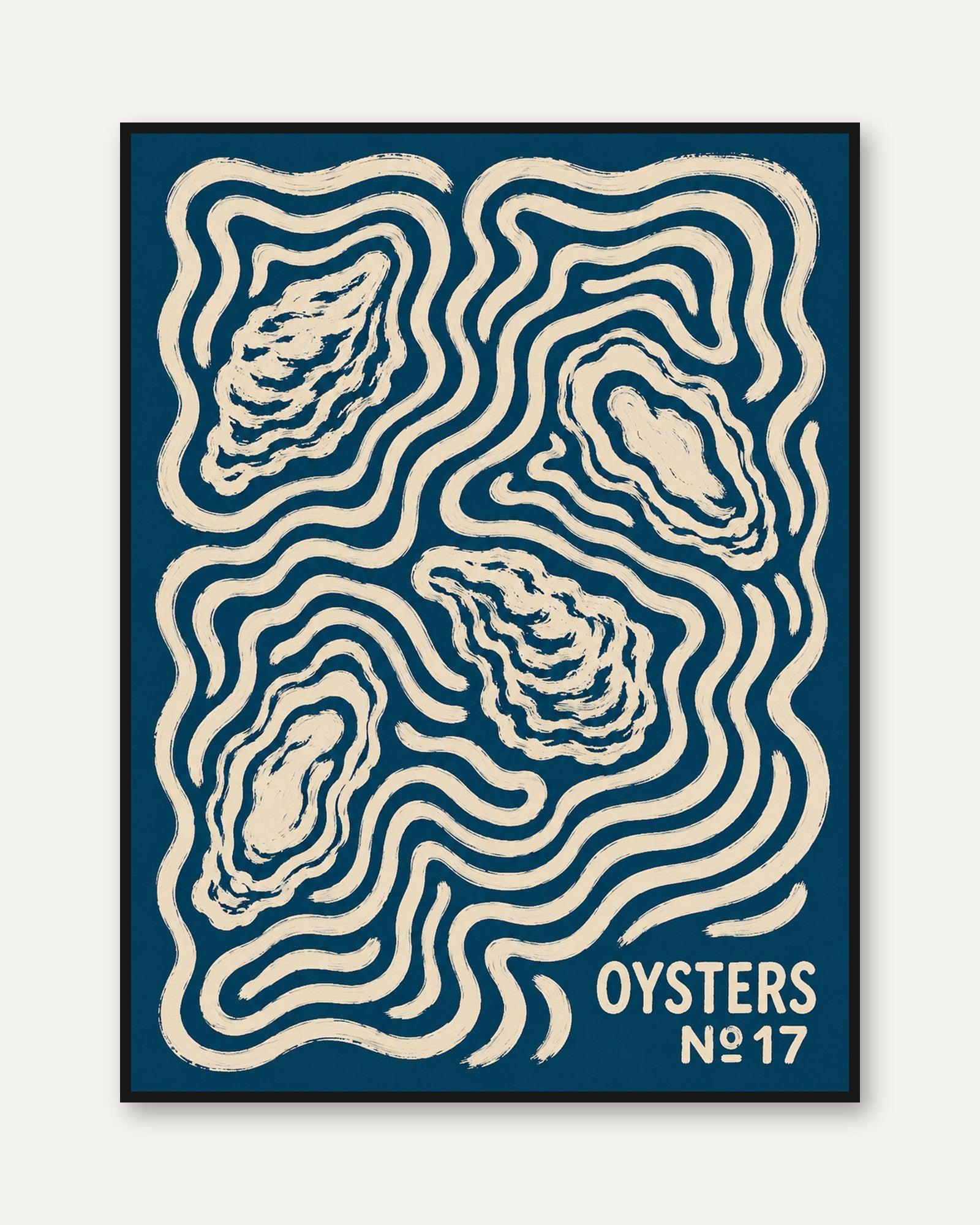 Oyster Topography Art Print: Abstract Contour Map in Navy Blue - framed