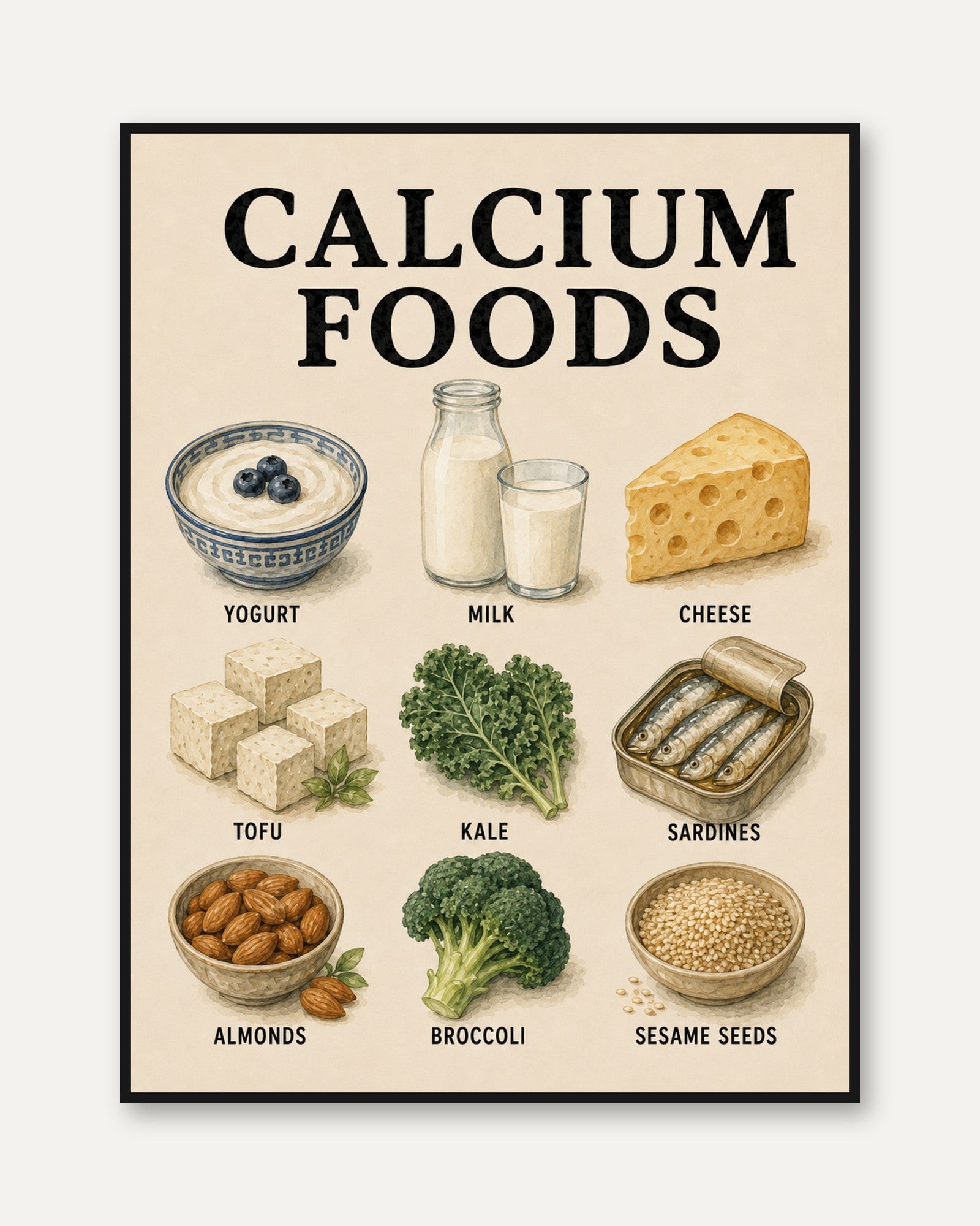 Calcium Rich Foods Poster – Kitchen Wall Art - framed