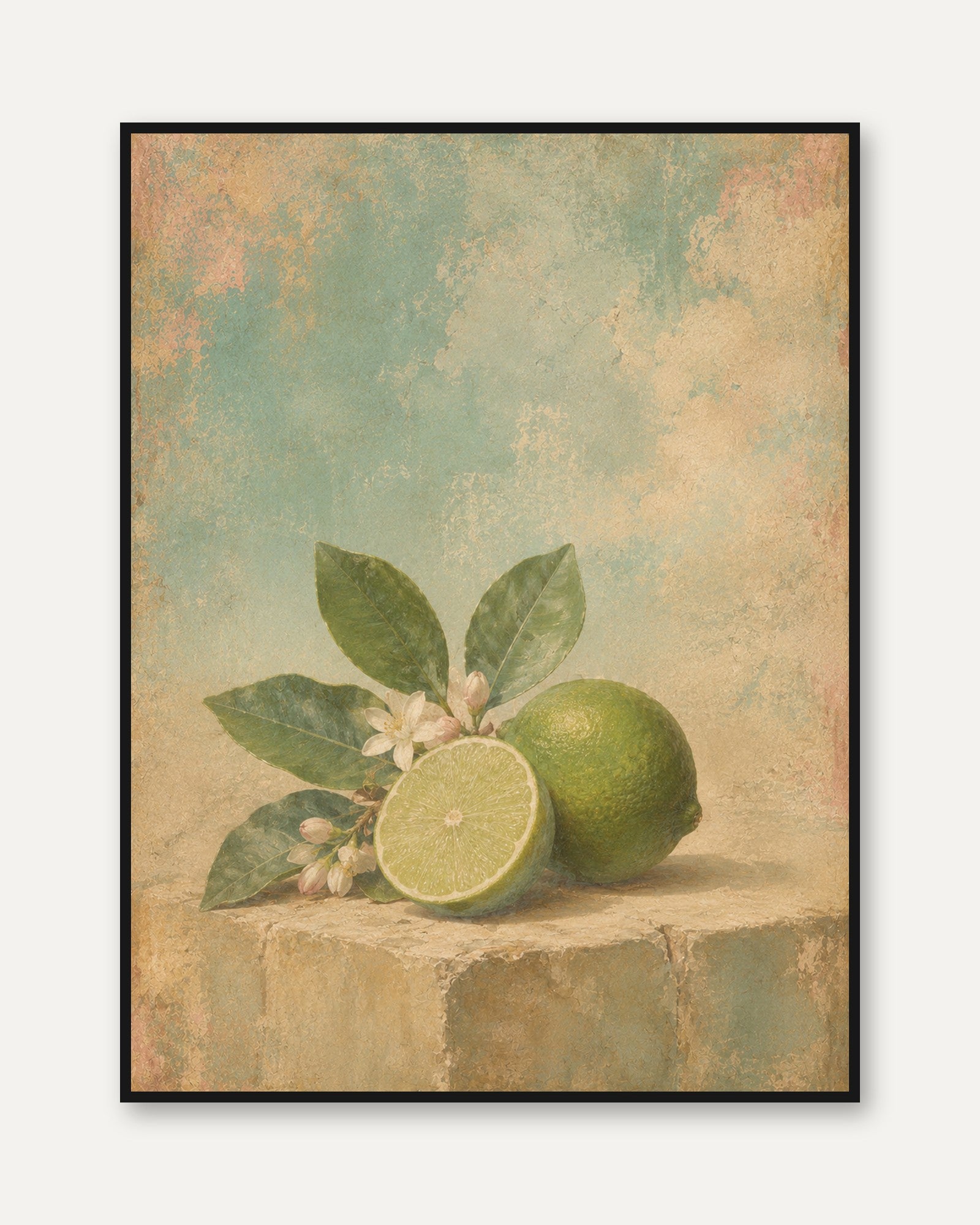 Vintage Lime Still Life Print: Botanical Art with Citrus Blossoms - framed