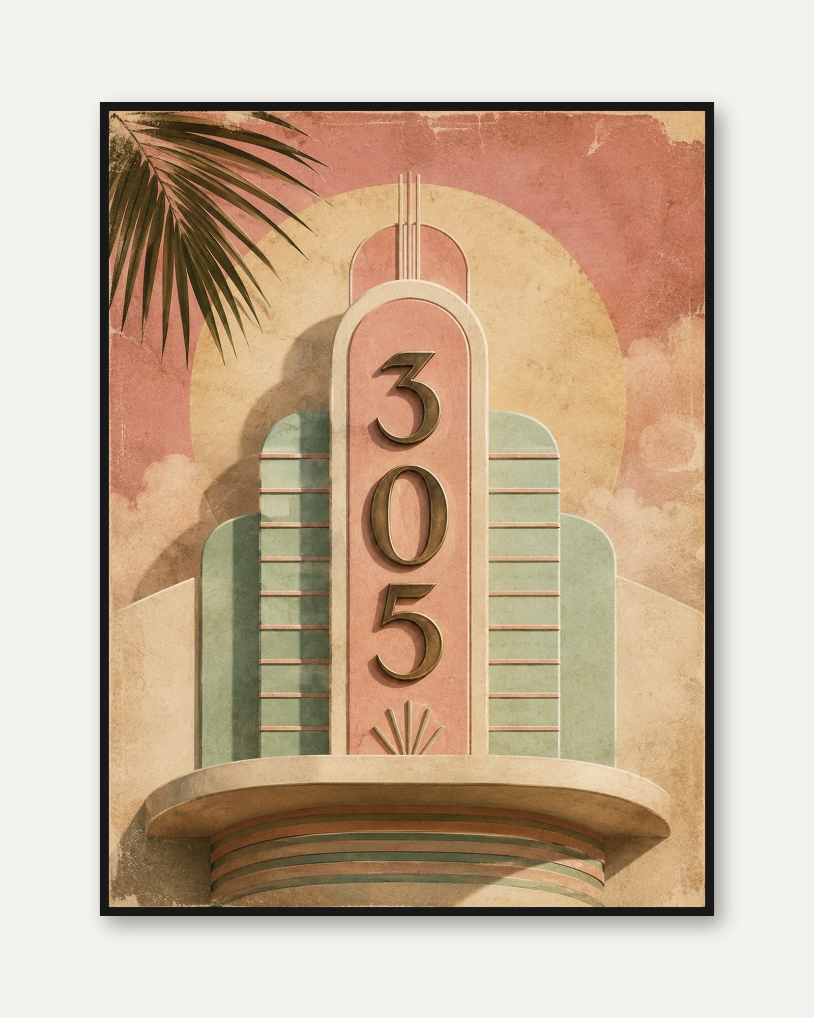 Art Deco Building Facade Print: Vintage Pink and Mint Architecture - framed