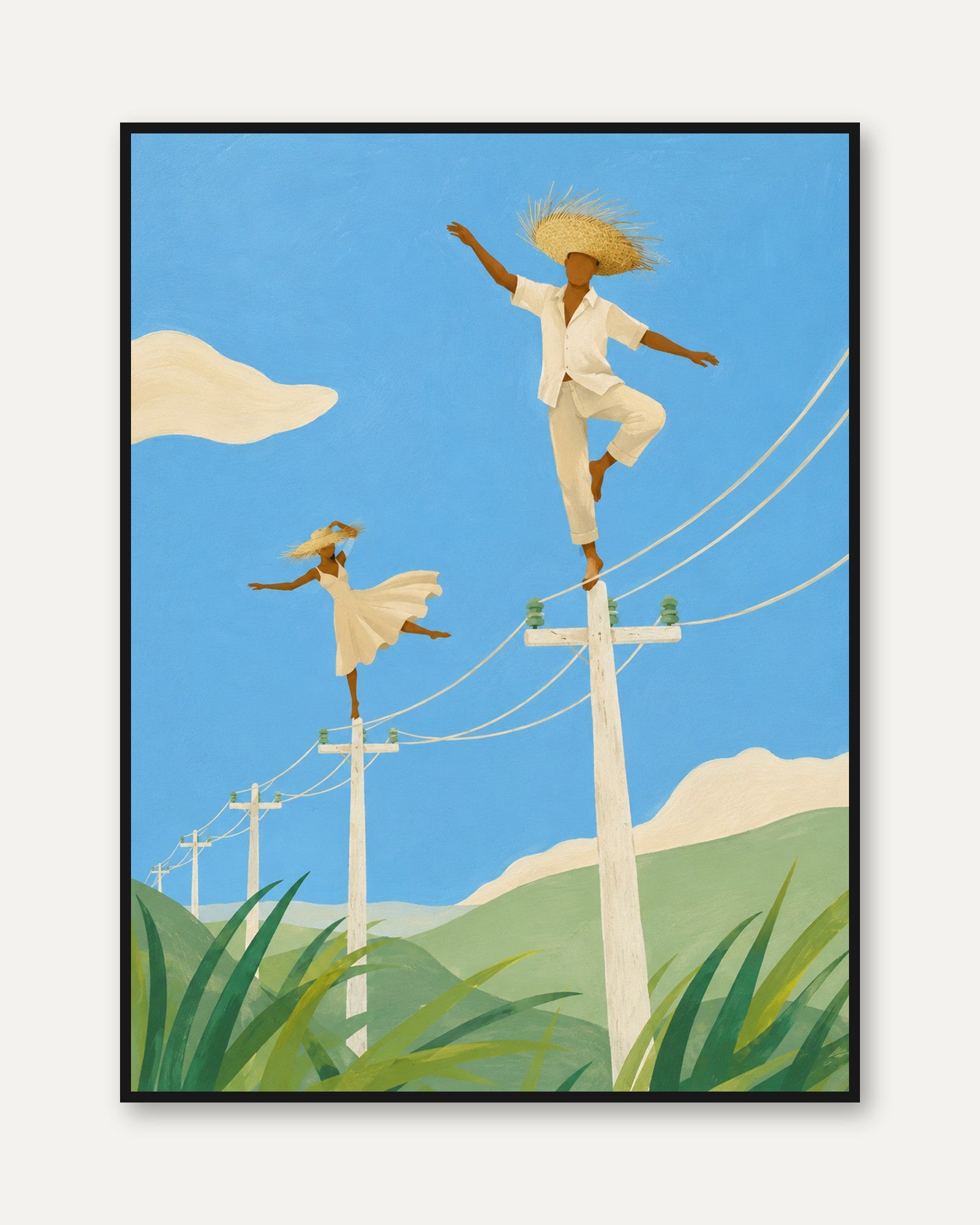 Tropical Balancing Figures Art Print: Minimalist Blue Sky Scene - framed