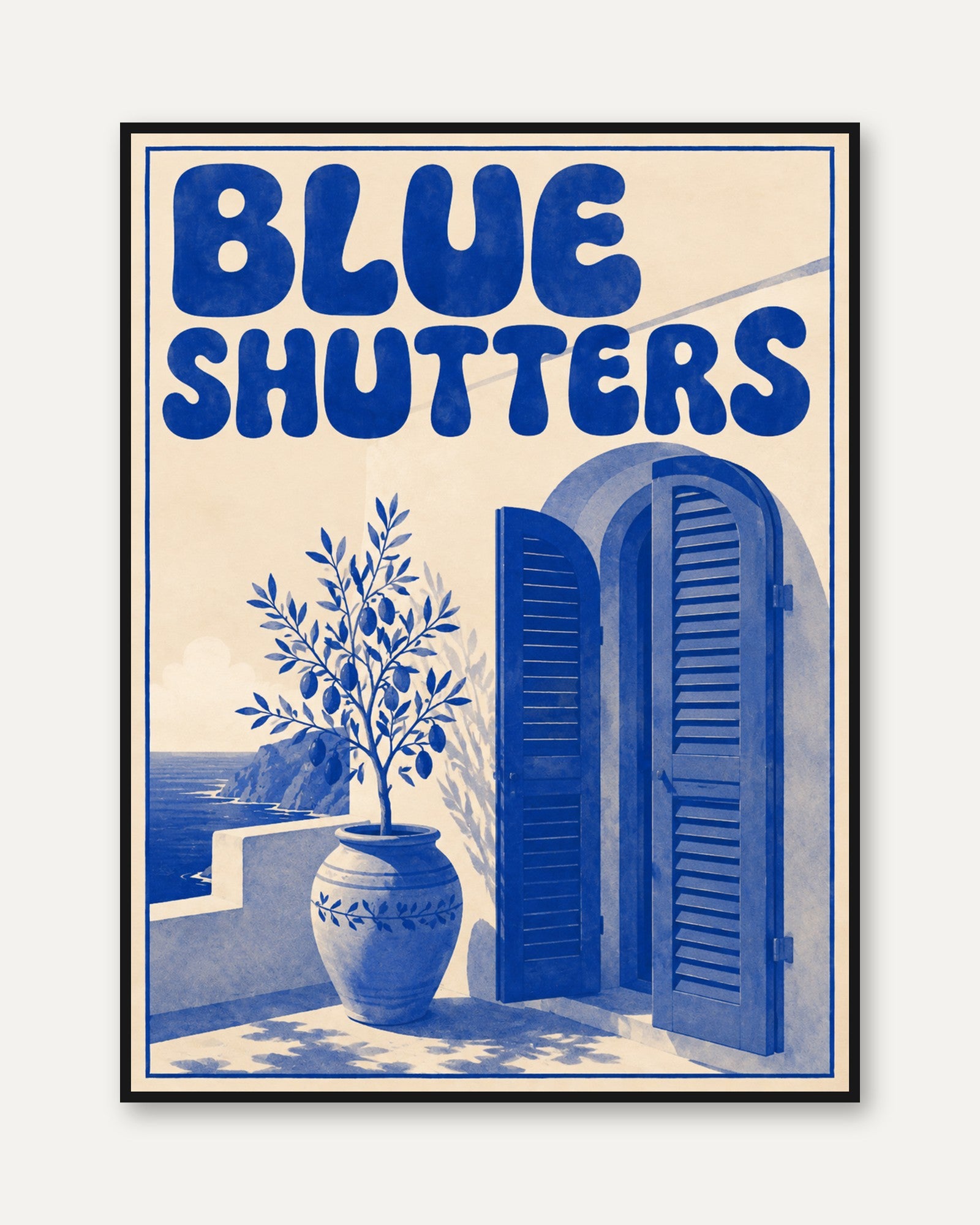 Greek Island Travel Poster: Blue Shutters and Olive Branch - framed