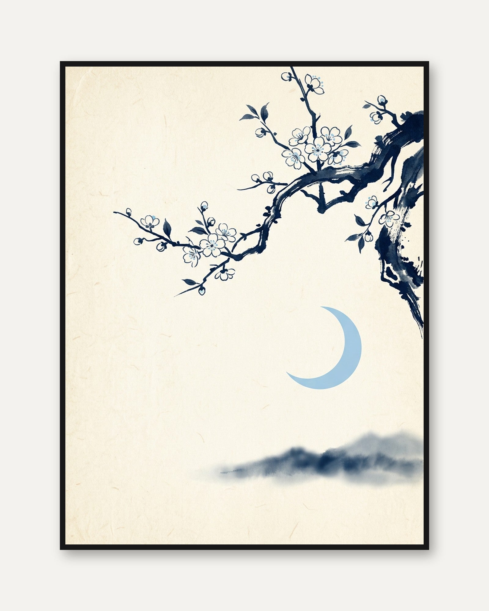 Cherry Blossom Moon Art Print: Japanese Ink Painting Style - framed