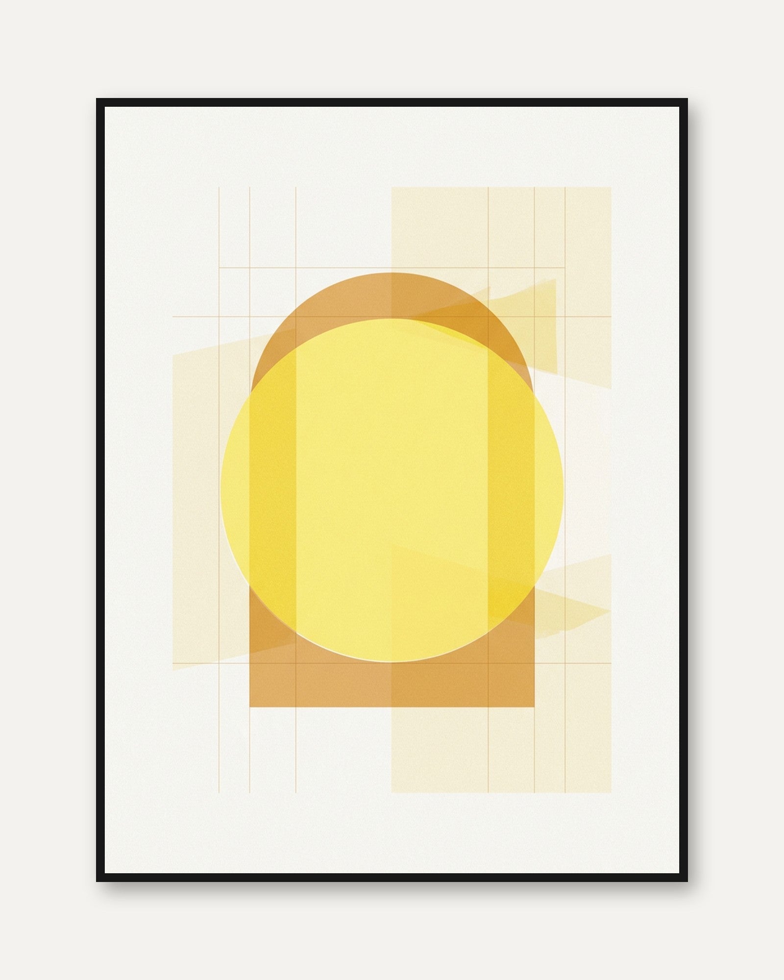 Geometric Sun Art Print: Mid-Century Yellow Circle Composition - framed